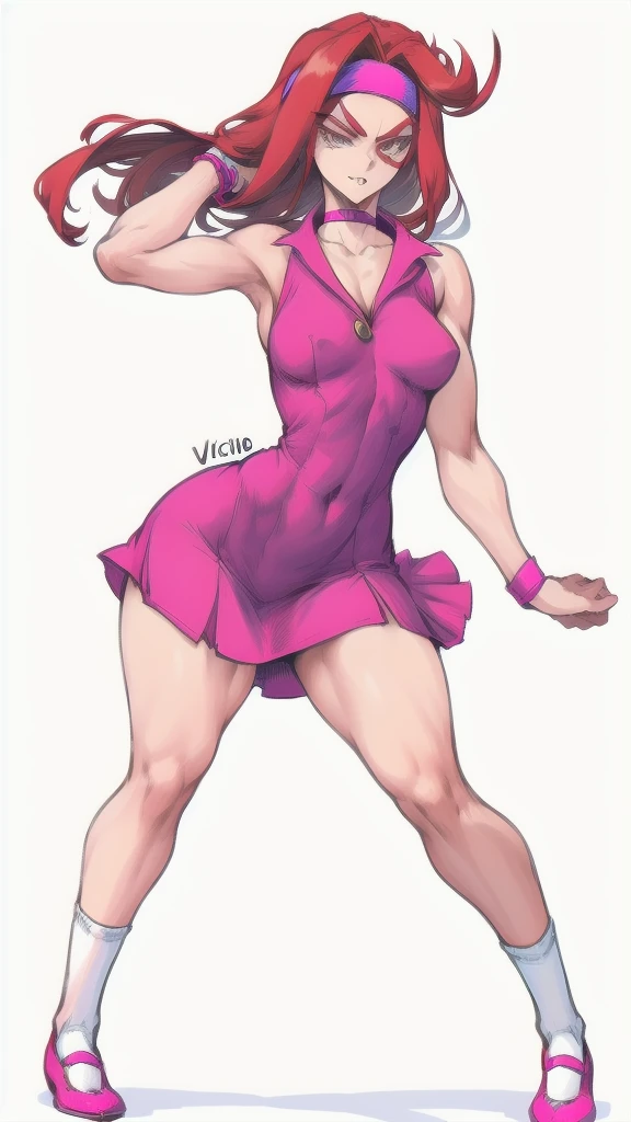 Full body image of Vicky from The Fairly OddParents, full body in image, wearing her original outfit (pink dress with a white collar, white socks, and purple shoes, with a red headband), long red hair, female body, slender and mischievous body, dynamic pose emphasizing her mean-spirited personality, detailed pose focusing on her devious expression and outfit, simple background, expressive face showing her signature wickedness, focus on face and attire, line art, sketch