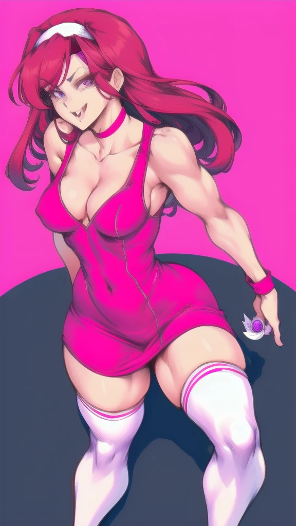 Full body image of Vicky from The Fairly OddParents, full body in image, wearing her original outfit (pink dress with a white collar, white socks, and purple shoes, with a red headband), long red hair, female body, slender and mischievous body, dynamic pose emphasizing her mean-spirited personality, detailed pose focusing on her devious expression and outfit, simple background, expressive face showing her signature wickedness, focus on face and attire, line art, sketch