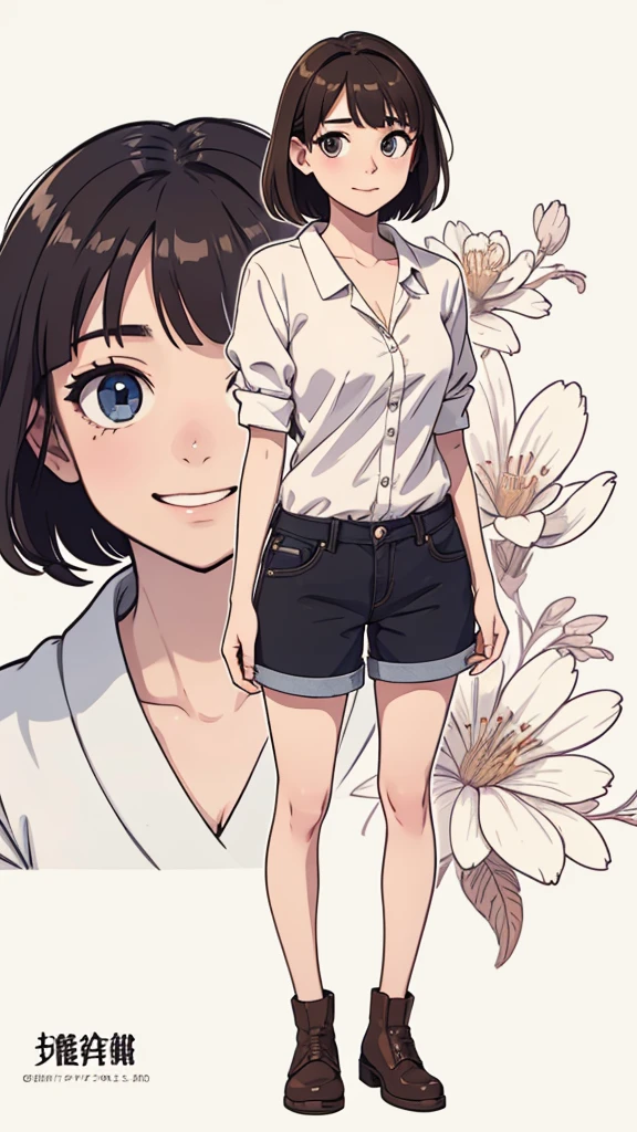 (((masterpiece, best quality, ultra highres, 1 girl, solo, no background))), super detailed skin and face and eyes and finger, beautiful japanese woman, small breasts:1.5, skinny, light brown hair, white background, very short pixie hair, Knee shot, Generate with illustrations, Various expressions, Various poses, Please draw the entire character within the frame, ensuring that the head, arms, and legs are not cut off. The background should be simple, with the character positioned centrally, outline, anime, 2d, laugh, boyish, camisole, shorts,