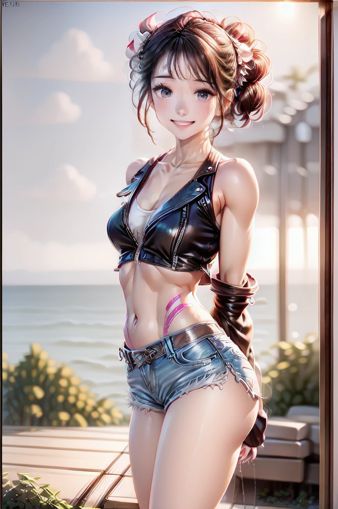 (cowboy shot), (Perfect Anatomy, top-quality, The ultra -The high-definition, high resolution, extremely detailed CG, 8K Unit Wallpapers), 26-year-old lady, solo, beautiful detailed eyes, black hair, short bob hair, blunt bang, (small breasts, statuesque slender body, athletic), gleaming skin, oily skin, (punk fashion, leather jacket, Tank top, micro shorts), (drive a motorcycle,Harley-Davidson), on road, Tokyo, at night