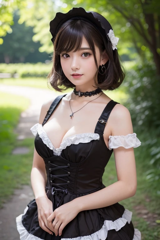 girl, White skin, ((Dark brown short tiered hair)), V cut with layers and bangs, Brown eyes, Soft atmosphere characteristics (Highest quality, Ultra-high resolution, 8K, RAW Photos, Ultra-high resolution: 1.2, masterpiece: 1.3), (Realistic, Realistic: 1.37), Very detailed, Professional Lighting, Photon Mapping, Radio City, 物理ベースレンダring, One Girl, (high school girl), Sharp focus:1.2、Beautiful woman:1.4,cute, Nice, Adorable, smile, Normal chest, Cross Necklace、Earrings、ring,(Cleavage)、Gothic ta Fashion, (((ピンクと黒のGothic Loliashion, ))),Lolita Fon,Belly button、((Dark brown short hair))、Flower Field、