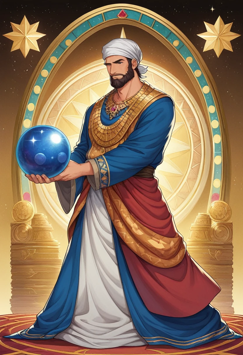 ((Masterpiece)), ((Best Quality)), (Very Detailed), ((Very Detailed)), 4K, (8K), very aesthetic, absurdres highres, Picture an astrologer in a fantasy story. He wears a long robe of deep blue and purple, patterned with gold and silver stars and moons. The hem of the robe is embroidered with ancient runes. He wears a turban on his head, and the turban has jewels embedded in it. She wears a mysterious pendant around her neck, and the pendant is inlaid with a shining star-shaped gemstone. He holds a crystal ball in his hand and sometimes carries a wand. The tip of the wand has a star-shaped decoration that emits magical light. His eyes hold wisdom and mystery, and he has long silver hair and a beard. A starry sky stretches out in the background, and magical light wafts around him. At his feet are scattered ancient books and scrolls, and a large celestial globe with diagrams of the constellations
