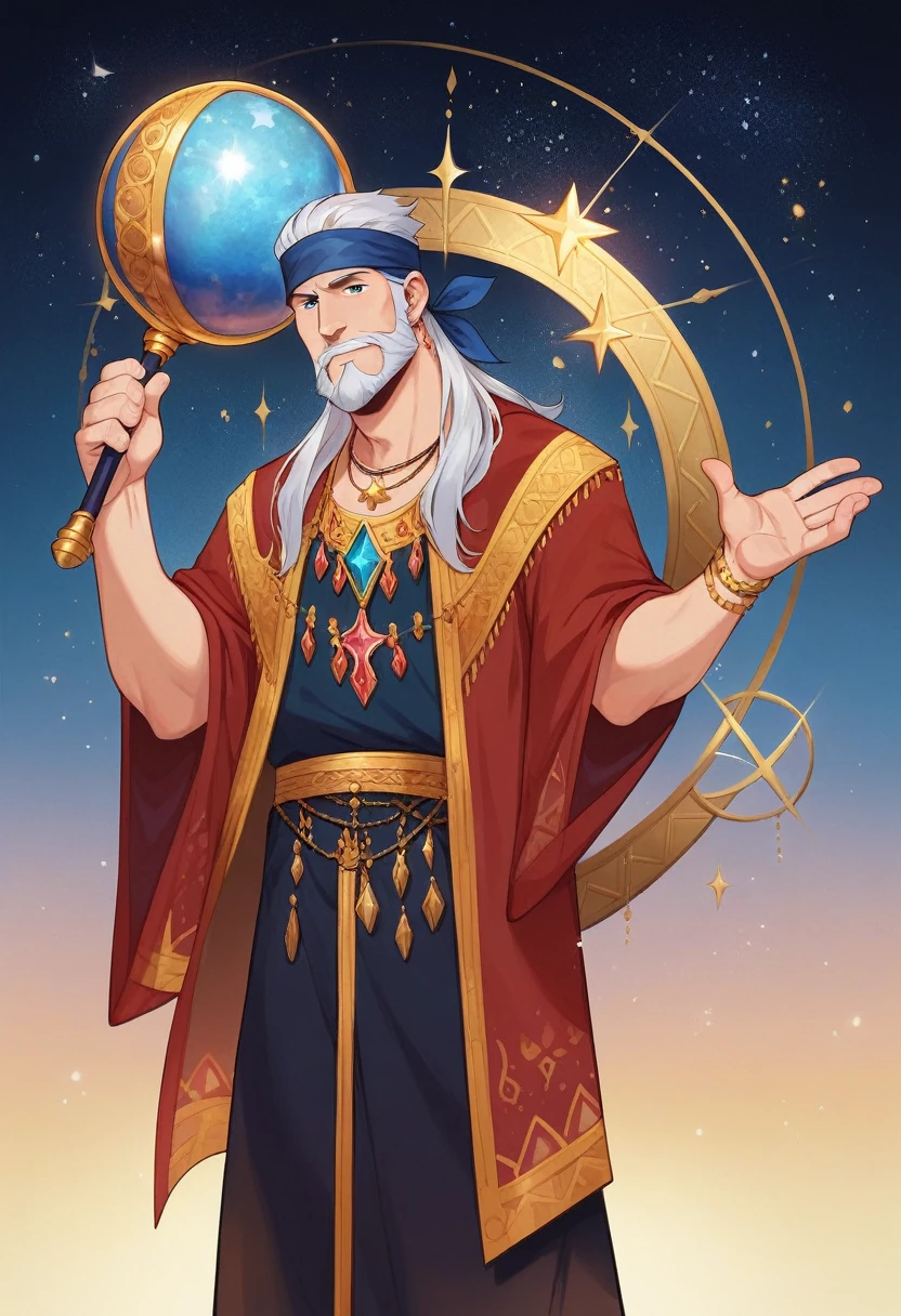 ((Masterpiece)), ((Best Quality)), (Very Detailed), ((Very Detailed)), 4K, (8K), very aesthetic, absurdres highres, Picture an astrologer in a fantasy story. He wears a long robe of deep blue and purple, patterned with gold and silver stars and moons. The hem of the robe is embroidered with ancient runes. He wears a turban on his head, and the turban has jewels embedded in it. She wears a mysterious pendant around her neck, and the pendant is inlaid with a shining star-shaped gemstone. He holds a crystal ball in his hand and sometimes carries a wand. The tip of the wand has a star-shaped decoration that emits magical light. His eyes hold wisdom and mystery, and he has long silver hair and a beard. A starry sky stretches out in the background, and magical light wafts around him. At his feet are scattered ancient books and scrolls, and a large celestial globe with diagrams of the constellations
