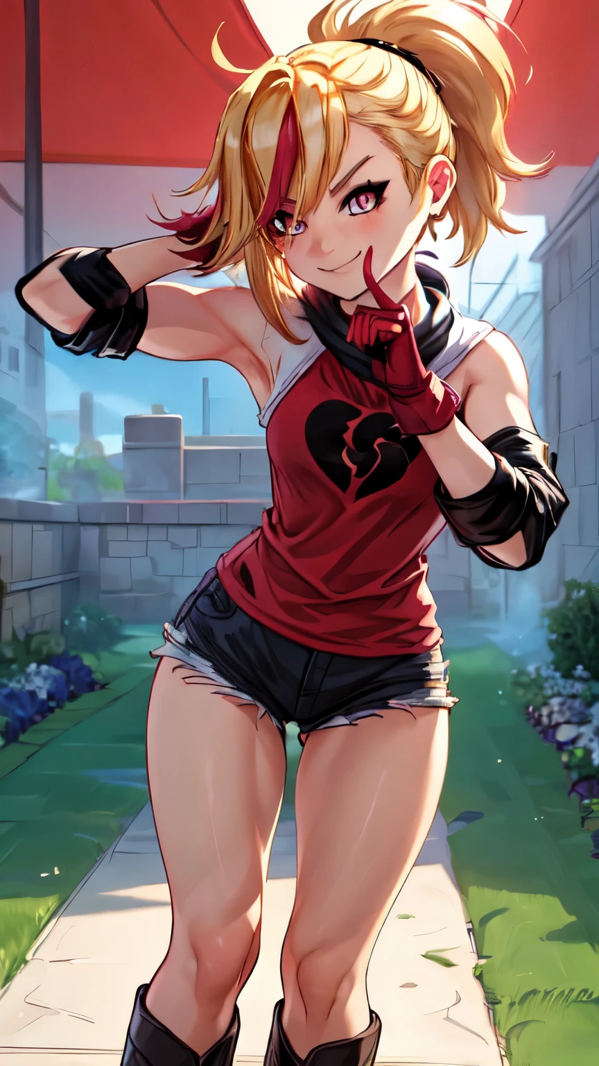 (best quality:1.2),solo,1girl,mdrin,smile,looking at viewer,lovely pose, ponytail,v-shaped eyebrows,red shirt, fingerless gloves,black shorts , garden background, warm color tones,soft lighting, Hair over one eye, ultra long hair, standing on hooftop, long boots, long ponytail, blonde 