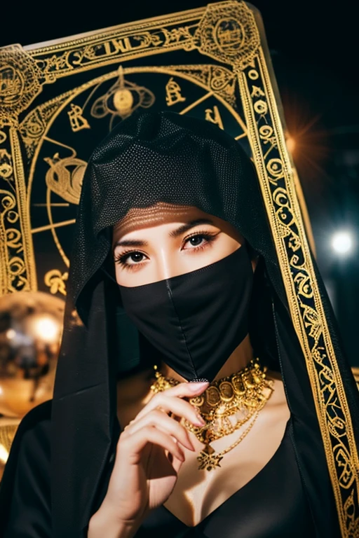 quality\(8K,非常に精細なCGユニットのwallpaper, masterpiece,High resolution,top-quality,top-quality real texture skin,Surreal,Increase the resolution,RAW Photos,最高quality,Very detailed,wallpaper,Cinema Lighting,Ray-tracing,Golden Ratio\), break ,alone,One girl\(astrologer,Arabic, A fairy hiding in the dark shadows,(Face Veil:1.7),Dark Skin, Shiny skin, Cleavage, Put your head on_scarf\(shawl\),Wearing Bedler\(stomach_Dance Dresses\), Crystal Jewelry, smiling mouth under Face Veil, Black Hair, Long Hair, Wavy Hair, bracelet, necklace, Earrings), break ,background\((Very dark:1.4),table\((Tarot Cards:1.3),Big beautiful crystal ball, pendulum, pendulum board, astrolabe, candlestick\(Candles\)\), Glowing runes floating in the air, Dark Sky\(Lots of shining stars\(Zodiac\)\)\),(Long Shot),(Wide Shot),From below