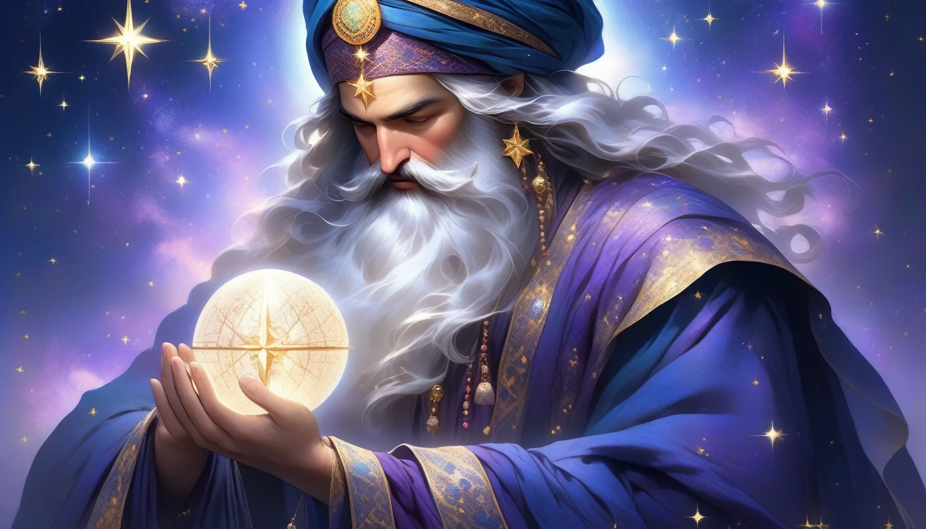 ((Masterpiece)), ((Best Quality)), (Very Detailed), ((Very Detailed)), 4K, (8K), very aesthetic, absurdres highres, Picture an astrologer in a fantasy story. He wears a long robe of deep blue and purple, patterned with gold and silver stars and moons. The hem of the robe is embroidered with ancient runes. He wears a turban on his head, and the turban has jewels embedded in it. She wears a mysterious pendant around her neck, and the pendant is inlaid with a shining star-shaped gemstone. He holds a crystal ball in his hand and sometimes carries a wand. The tip of the wand has a star-shaped decoration that emits magical light. His eyes hold wisdom and mystery, and he has long silver hair and a beard. A starry sky stretches out in the background, and magical light wafts around him. At his feet are scattered ancient books and scrolls, and a large celestial globe with diagrams of the constellations
