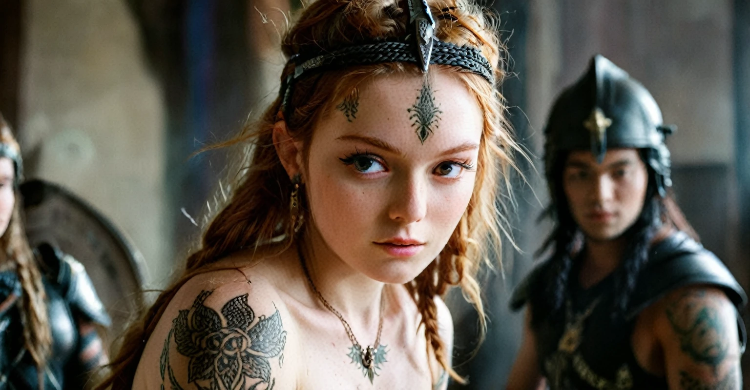 (best quality,highres,ultra-detailed), close-up, 19 year old long haired ginger woman, hair is tightly braided and kept under a ceremonial warriors helmet, tattooed, detailed facial tattoos, shirtless, muscular, fully tattooed body, magical ritual, magical symbols, black magic, model is dusty, dark ambiance, intense lighting, mysterious atmosphere, low key image, model is almost angry, model looks to be drawing power and wants to hurt someone, tribal, powerful, supernatural, mystical, enchanted, griffin symbols, spiritual connection, ritualistic movements, mesmerizing, captivating, intense gaze, confident expression, dominant presence, dark color palette, contrast, dramatic shadows, intricate details, surreal, otherworldly, ethereal, magical energy, intense emotions, powerful aura, mystical transformation, evocative, haunting, immersive composition, arri alexa 65 anamorphic 2.4-1,
