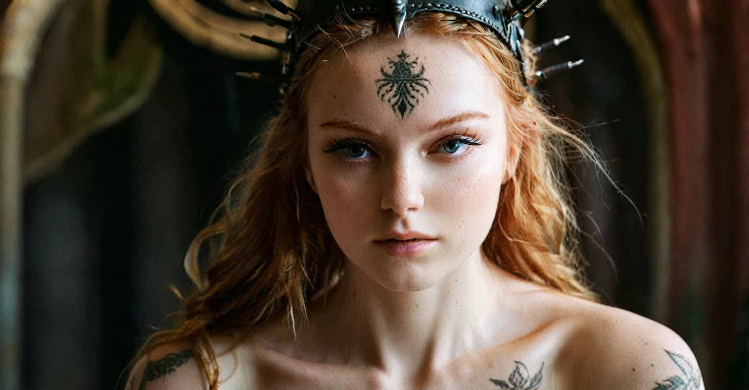 (best quality,highres,ultra-detailed), close-up, 19 year old long haired ginger woman, hair is tightly braided and kept under a ceremonial warriors helmet, tattooed, detailed facial tattoos, shirtless, muscular, fully tattooed body, magical ritual, magical symbols, black magic, model is dusty, dark ambiance, intense lighting, mysterious atmosphere, low key image, model is almost angry, model looks to be drawing power and wants to hurt someone, tribal, powerful, supernatural, mystical, enchanted, griffin symbols, spiritual connection, ritualistic movements, mesmerizing, captivating, intense gaze, confident expression, dominant presence, dark color palette, contrast, dramatic shadows, intricate details, surreal, otherworldly, ethereal, magical energy, intense emotions, powerful aura, mystical transformation, evocative, haunting, immersive composition, arri alexa 65 anamorphic 2.4-1, 