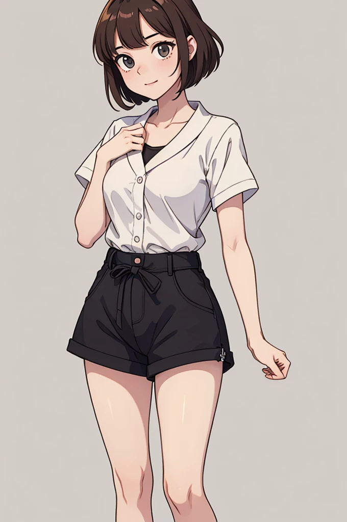 (((masterpiece, best quality, ultra highres, 1 girl, solo, no background))), super detailed skin and face and eyes and finger, beautiful japanese woman, small breasts:1.5, skinny, light brown hair, white background, very short pixie hair, Knee shot, Generate with illustrations, Various expressions, Various poses, Please draw the entire character within the frame, ensuring that the head, arms, and legs are not cut off. The background should be simple, with the character positioned centrally, outline, anime, 2d, laugh, boyish, camisole, shorts,