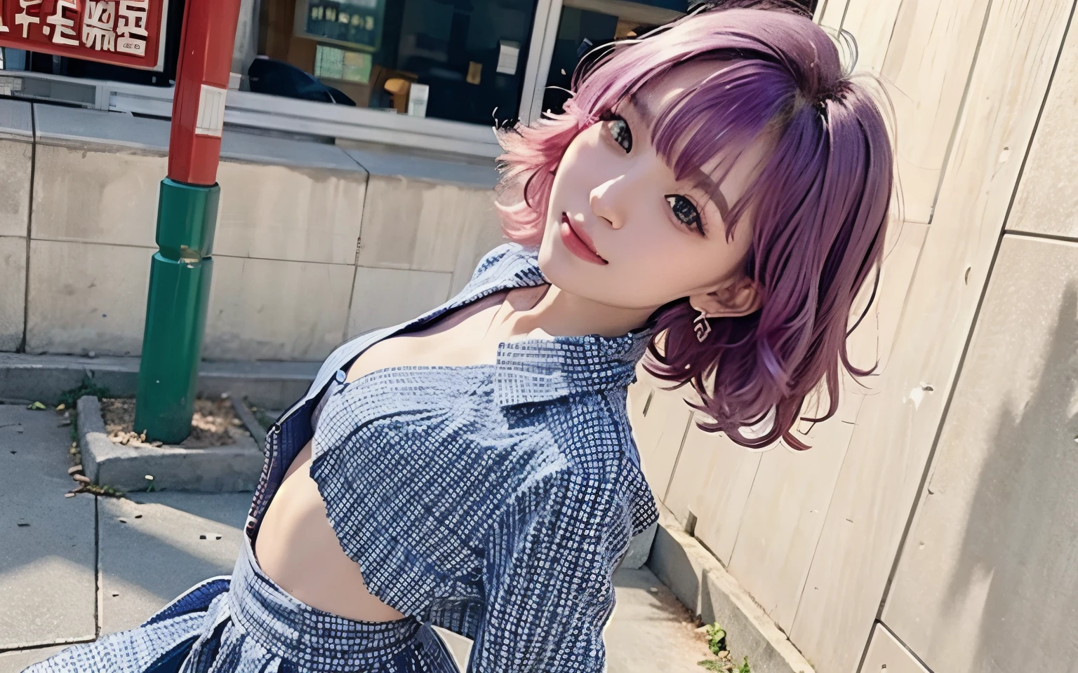 ((Top Quality, 8K, Masterpiece: 1.3)), Beauty, 1 Girl,Street Snap、dancer、20-year-old、flat chest、Curly Bob、Small breasts、Single eyelid、Bright purple hair