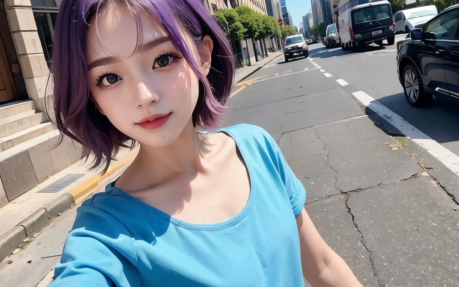 ((Top Quality, 8K, Masterpiece: 1.3)), Beauty, 1 Girl,Street Snap、dancer、20-year-old、flat chest、Curly Bob、Small breasts、Single eyelid、Bright purple hair