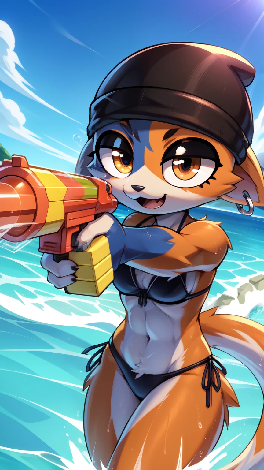 score_9,score_8_up,score_7_up, source_cartoon, source_furry, (best quality, masterpiece:1), solo, (shaded face:1.2), furry female anthro, meowskulls, spiky hairstyle, tail, smile, looking at you, :3, wide-eyed, beanie, bikini, fish hook piercing, detailed beach, clear sky, detailed face, detailed body fur, detailed eyes, skinny, glistering body, shiny body, holding a water gun, from above, fight, dynamic action shot, speed lines, motion blur, fighter pose, uperbody, ((shooting a water act, shoot water, water gun)), uperbody, open mouth,