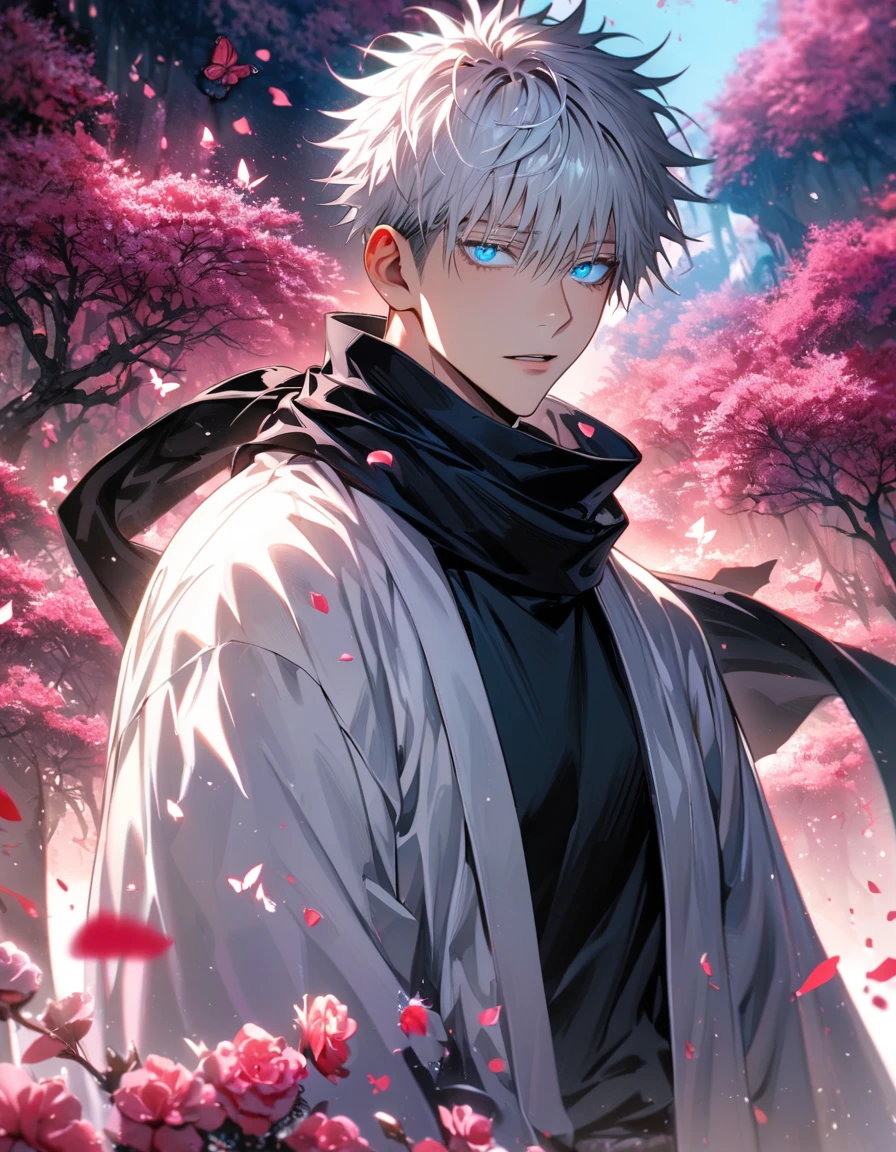 Ultra detailed, highres, absurdres, HDR, Gojou Satoru, white hair with bangs, blue eyes, black scarf, black tight shirt, white haori, Jujutsu Kaisen, handsome, 1 man only, pink forest, butterflies, flowers, petals,