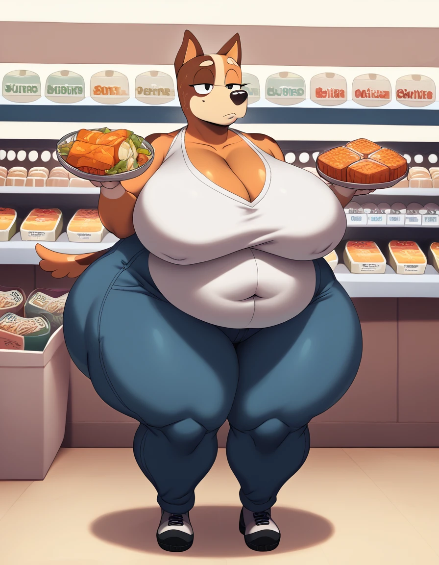 chilliheeler, eye spot, furry female, anthro, huge thighs, huge hips, huge ass, huge breasts, detailed background, obese, realistic,  detailed face, S2Z0n1c21.5XL style, shortstack, facing viewer, front view, australian cattle dog, toony, orange fur, standing, at grocery store, holding a box of trix, leaning back