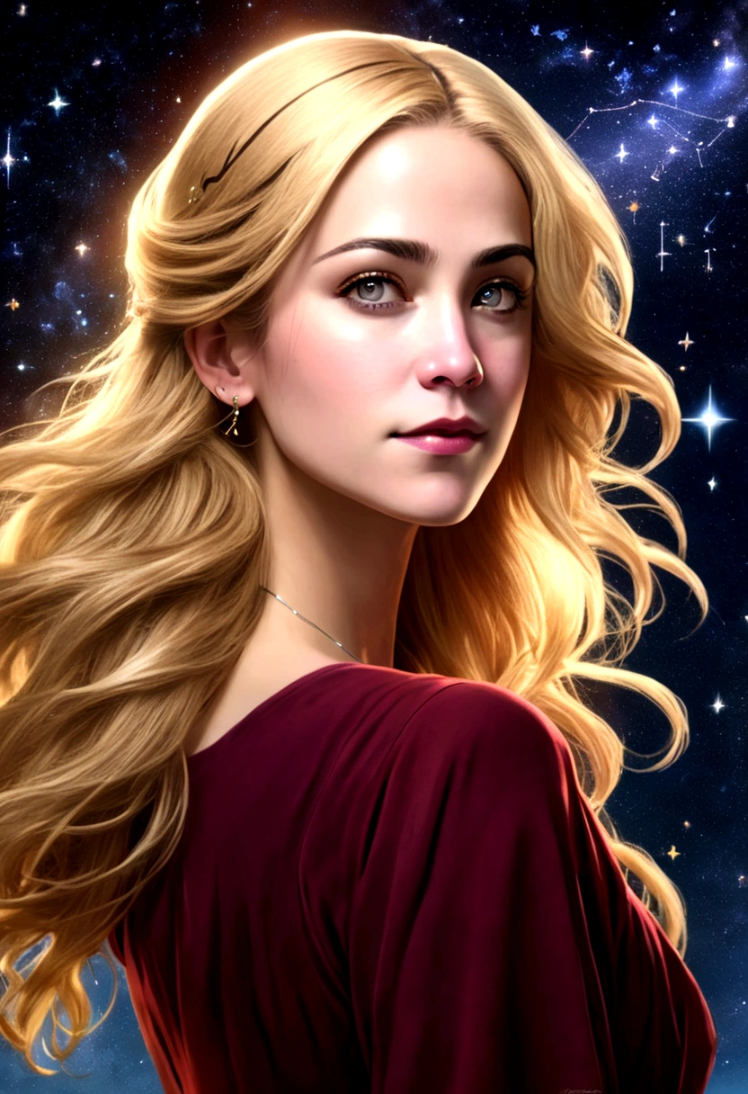 a portrait of an astrologer looking to the sky at ((libra constellation: 1.5)) in the night sky, an extraordinary beautiful woman, there is magic in her eyes divining the future from the Libra constellation, blond hair, dynamic hair style, wearing an intricate dark red dress decorated with glowing stars, she looks to the night sky seeing the ((Libra constellation in the sky: 1.5)), vibrant, Ultra-high resolution, High Contrast, (masterpiece:1.5), highest quality, Best aesthetics), best details, best quality, highres, 16k, [ultra detailed], masterpiece, best quality, (extremely detailed),