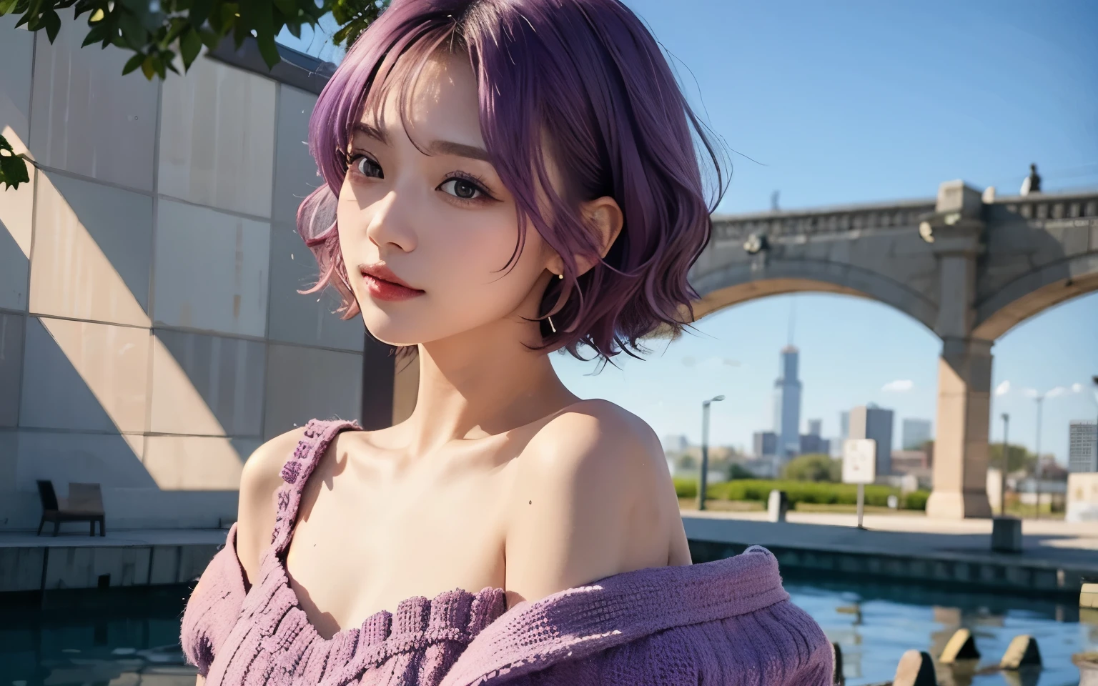 ((Top Quality, 8K, Masterpiece: 1.3)), Beauty, 1 Girl,ダンススタジオ、dancer、20-year-old、flat chest、Curly Bob、Small breasts、Single eyelid、Bright purple hair、ングル