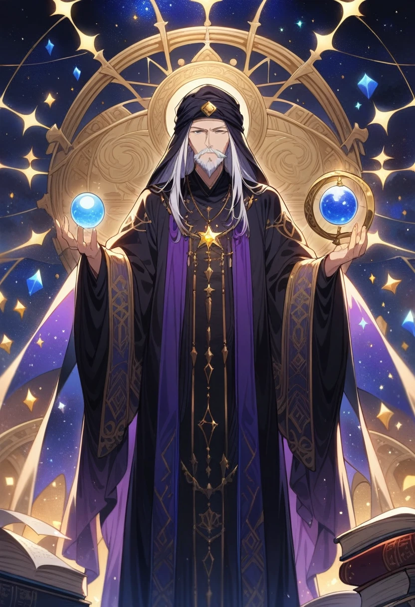 ((Masterpiece)), ((Best Quality)), (Very Detailed), ((Very Detailed)), 4K, (8K), very aesthetic, absurdres highres, Picture an astrologer in a fantasy story. He wears a long robe of deep blue and purple, patterned with gold and silver stars and moons. The hem of the robe is embroidered with ancient runes. He wears a turban on his head, and the turban has jewels embedded in it. She wears a mysterious pendant around her neck, and the pendant is inlaid with a shining star-shaped gemstone. He holds a crystal ball in his hand and sometimes carries a wand. The tip of the wand has a star-shaped decoration that emits magical light. His eyes hold wisdom and mystery, and he has long silver hair and a beard. A starry sky stretches out in the background, and magical light wafts around him. At his feet are scattered ancient books and scrolls, and a large celestial globe with diagrams of the constellations
