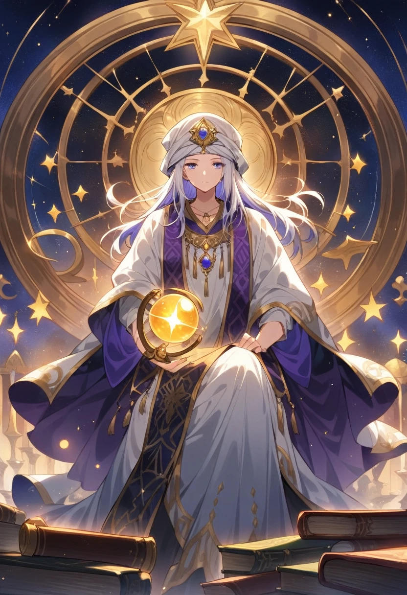 ((Masterpiece)), ((Best Quality)), (Very Detailed), ((Very Detailed)), 4K, (8K), very aesthetic, absurdres highres, Picture an astrologer in a fantasy story. He wears a long robe of deep blue and purple, patterned with gold and silver stars and moons. The hem of the robe is embroidered with ancient runes. He wears a turban on his head, and the turban has jewels embedded in it. She wears a mysterious pendant around her neck, and the pendant is inlaid with a shining star-shaped gemstone. He holds a crystal ball in his hand and sometimes carries a wand. The tip of the wand has a star-shaped decoration that emits magical light. His eyes hold wisdom and mystery, and he has long silver hair and a beard. A starry sky stretches out in the background, and magical light wafts around him. At his feet are scattered ancient books and scrolls, and a large celestial globe with diagrams of the constellations
