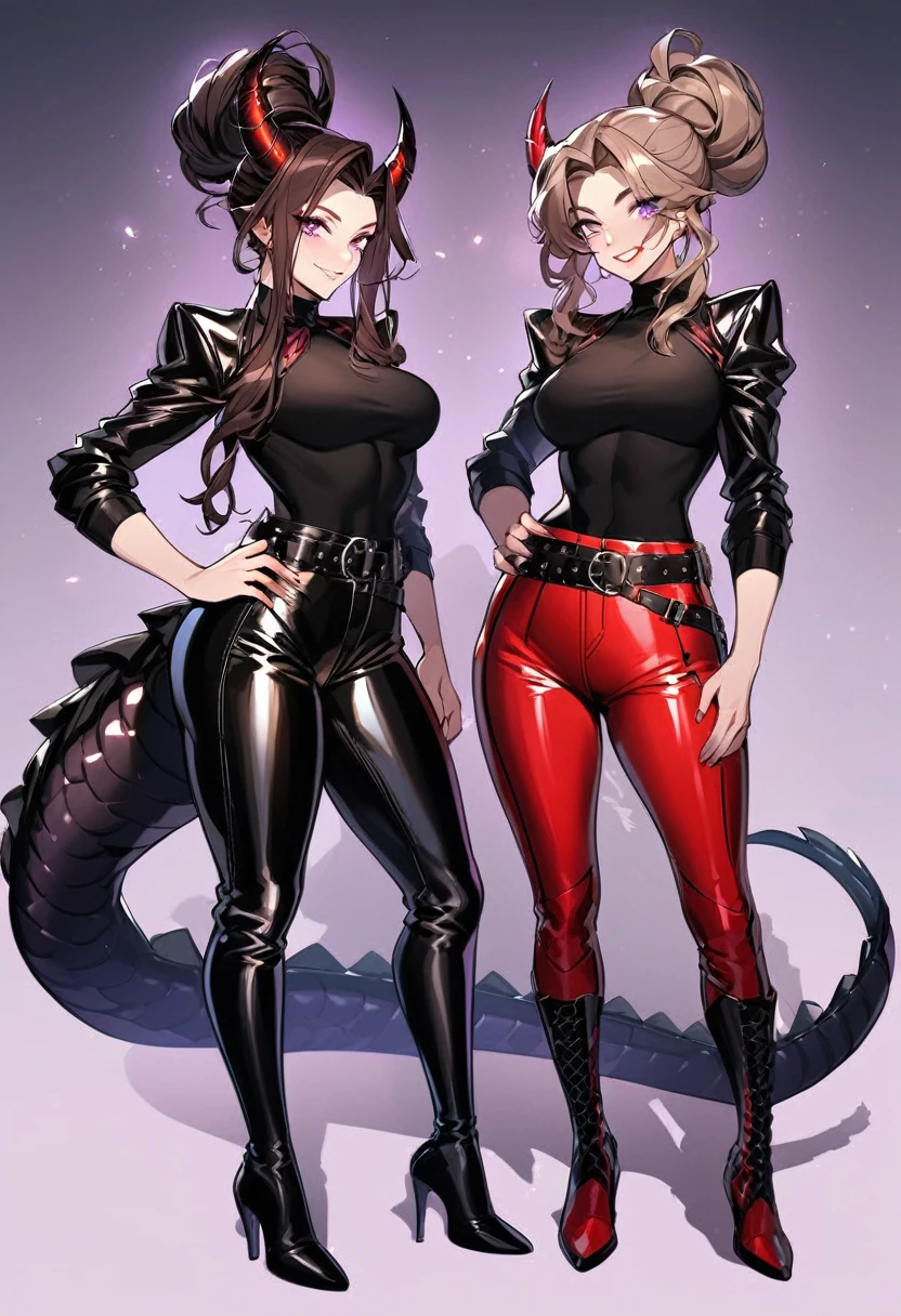 Tall woman, cheeky smile, brunette, hair gathered in a low bun, strands on the sides of face, red and black tight clothes, purple eyes, dragon tail and horns, belts, pants, light lipstick