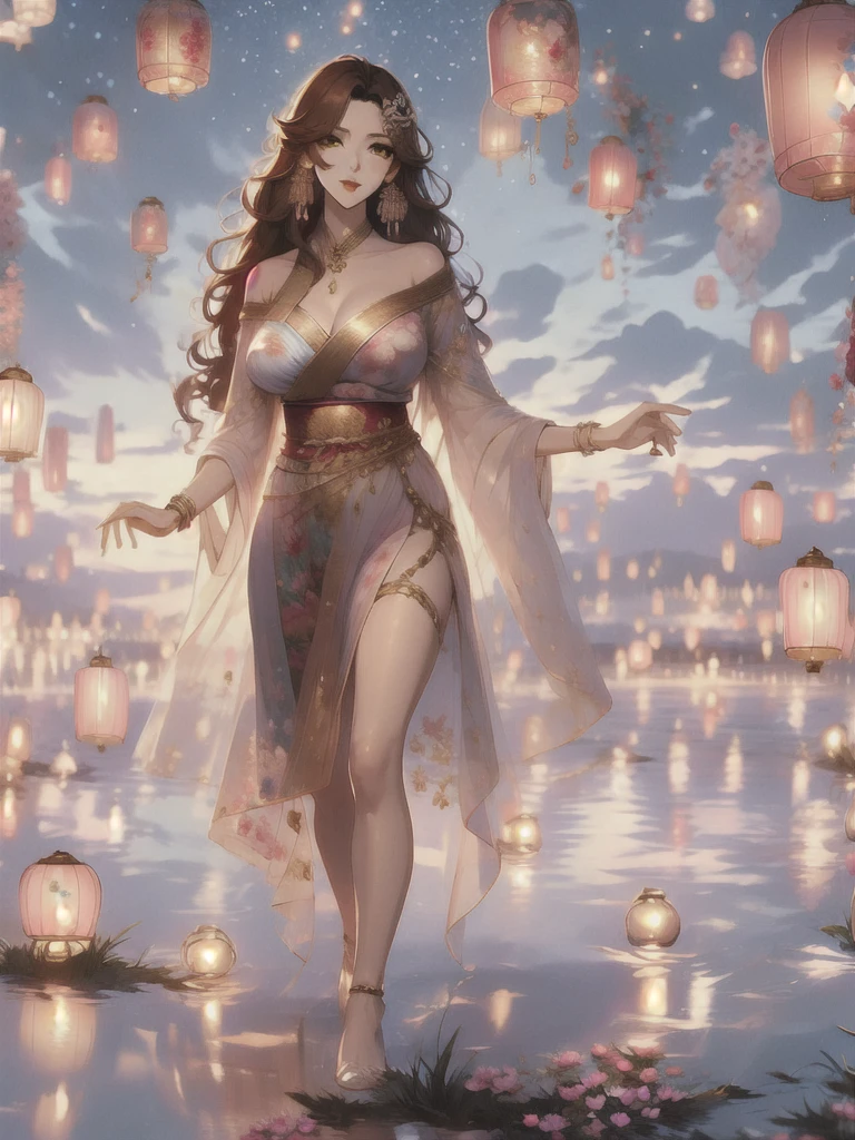 UHD, textured skin, high detail, anatomically correct, SOLO, 1 female, Xian mei, unique golden eyes, long red curly hair, jewelry, round, big breasts, perfect anatomy, walking by the lake, clear water nude, nude, sexy, hot , stars at night, shooting stars, wonderful sky, dear night sky,