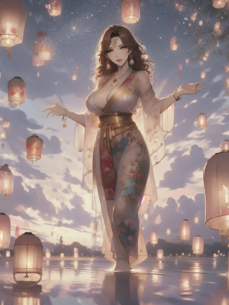 UHD, textured skin, high detail, anatomically correct, SOLO, 1 female, Xian mei, unique golden eyes, long red curly hair, jewelry, round, big breasts, perfect anatomy, walking by the lake, clear water nude, nude, sexy, hot , stars at night, shooting stars, wonderful sky, dear night sky,