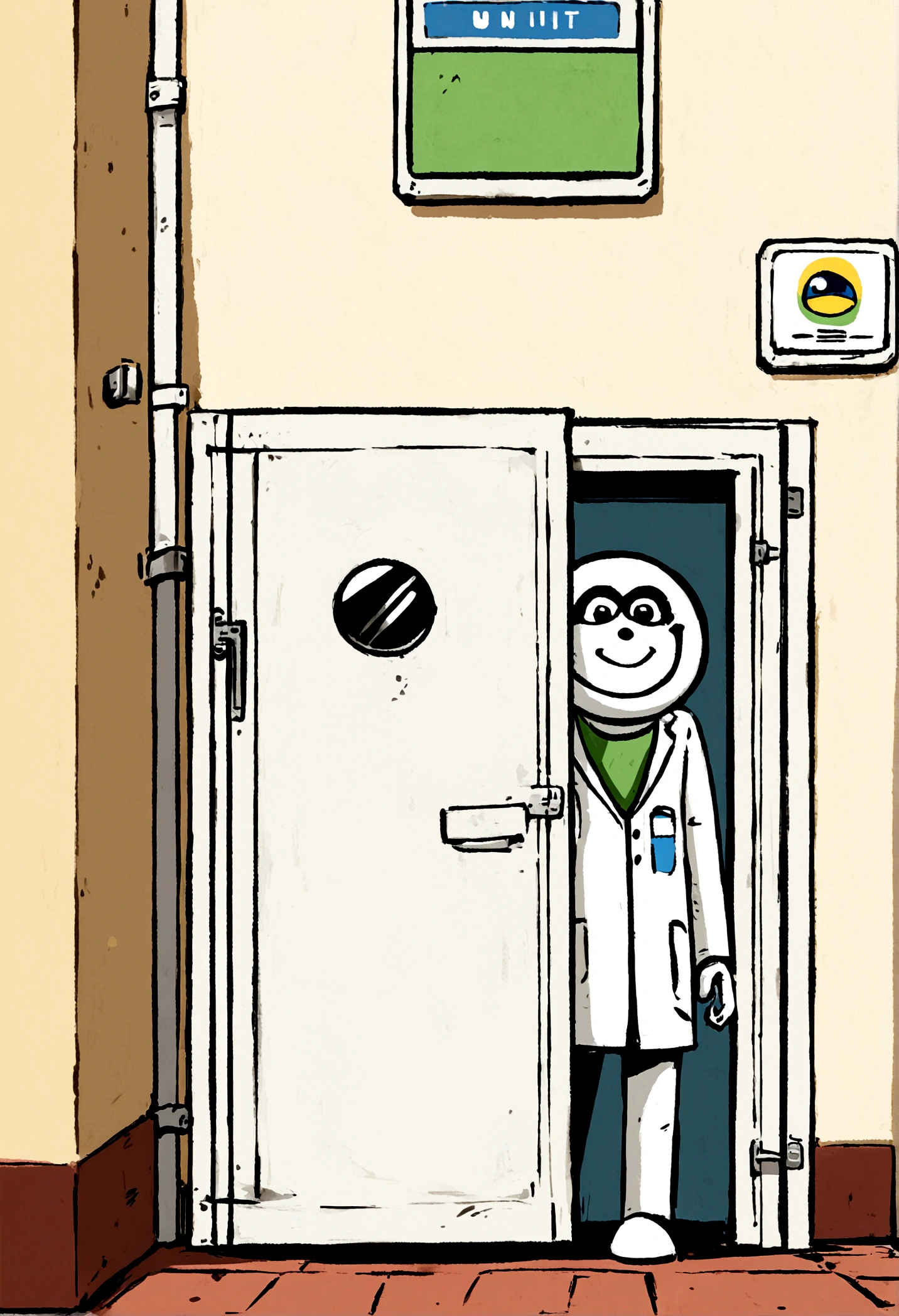 man in a white coat entering a basic health unit in Brazil, smiling, Pixar drawing style