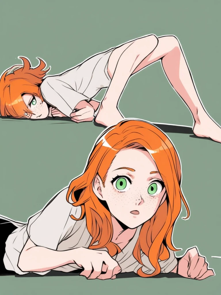 Pretty woman, Young adult, Orange hair, Short orange hair that flips and curls up, Pale skim, Freckles, Ginger hair, pale green eyes