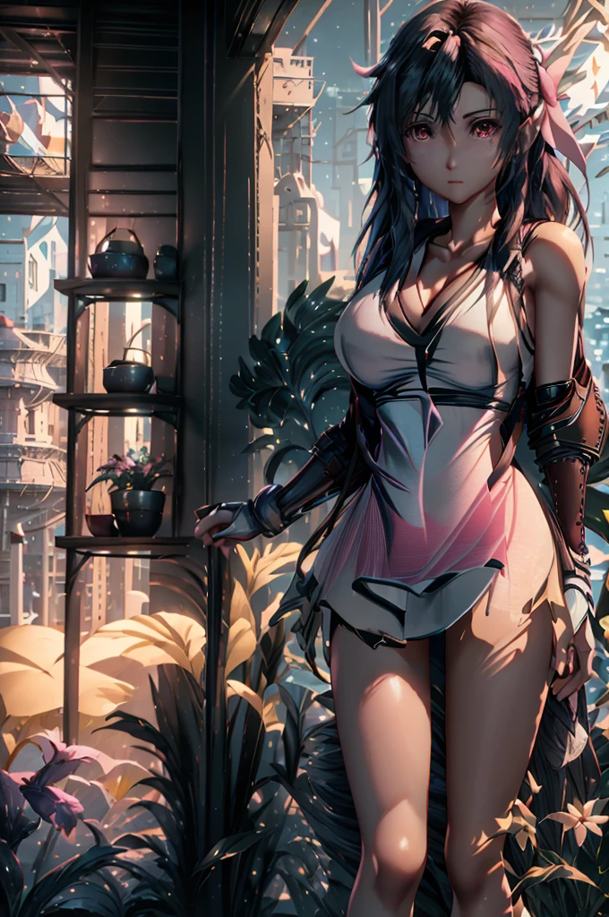 (8K HDR photorealistic pic:1.2), Tifa Lockhart, muscular, athletic, cheerful, toned body, (massive breasts), hourglass figure, fighter, long dark hair tied with ribbon at the end, ((Aerith costume, white dress, pink jacket)), realistic, seductive, red eyes, soft shadows, (masterpiece), Starry Sky with Mountains and Lake, Inspired by Jessica Rossier, Jessica Rossier Fantasy Art, Concept Art Magic Highlights, Official Artwork, Dream Painting, Ethereal Realm, Atmospheric artwork, dreamy matte paintings, serene endless stars inspired by Ted Nasmith, moonlit starry environments, epic music album covers.