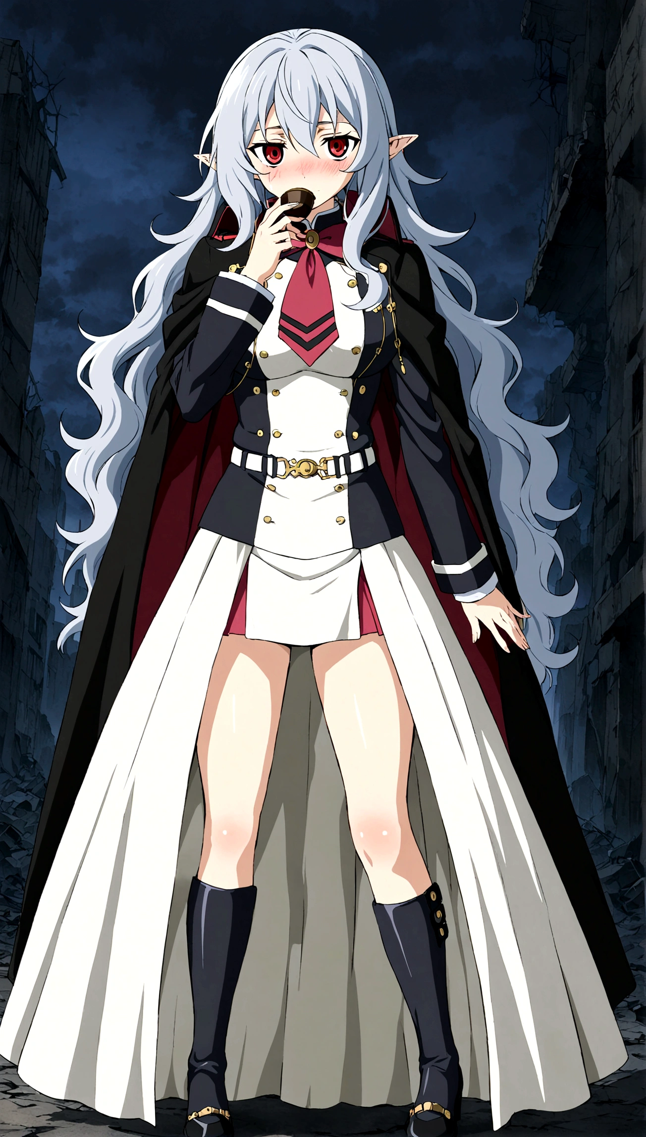 Anime. Owari no Seraph. 1 Girl. Expensive . A vampire. Clumsy. Progenitor. Silver hair. Wavy hair. Long hair. Red eyes. Beautiful eyes. Perfect eyes. Expressive eyes. Ideal face. Perfect body. Beautiful long ones. legs. Beautiful nose. 18 years. Big breasts. Standing. Full height. Beautiful character design. Shiny skin. Pointy ears. White dress. Vampire uniform dress from Owari no Seraph. Black stockings. She's drunk. She hiccups. She covers her mouth with her hand while hiccupping. "Hic..sorry..hic!!" she says hiccupping. Heeled shoes. Ruins of Tokyo. Whole body. NSF. Official art. Extremely detailed CG Unity 8k wallpaper. Ideal lighting. Ultra high resolution 4K. Super detailed 8K. A high resolution.