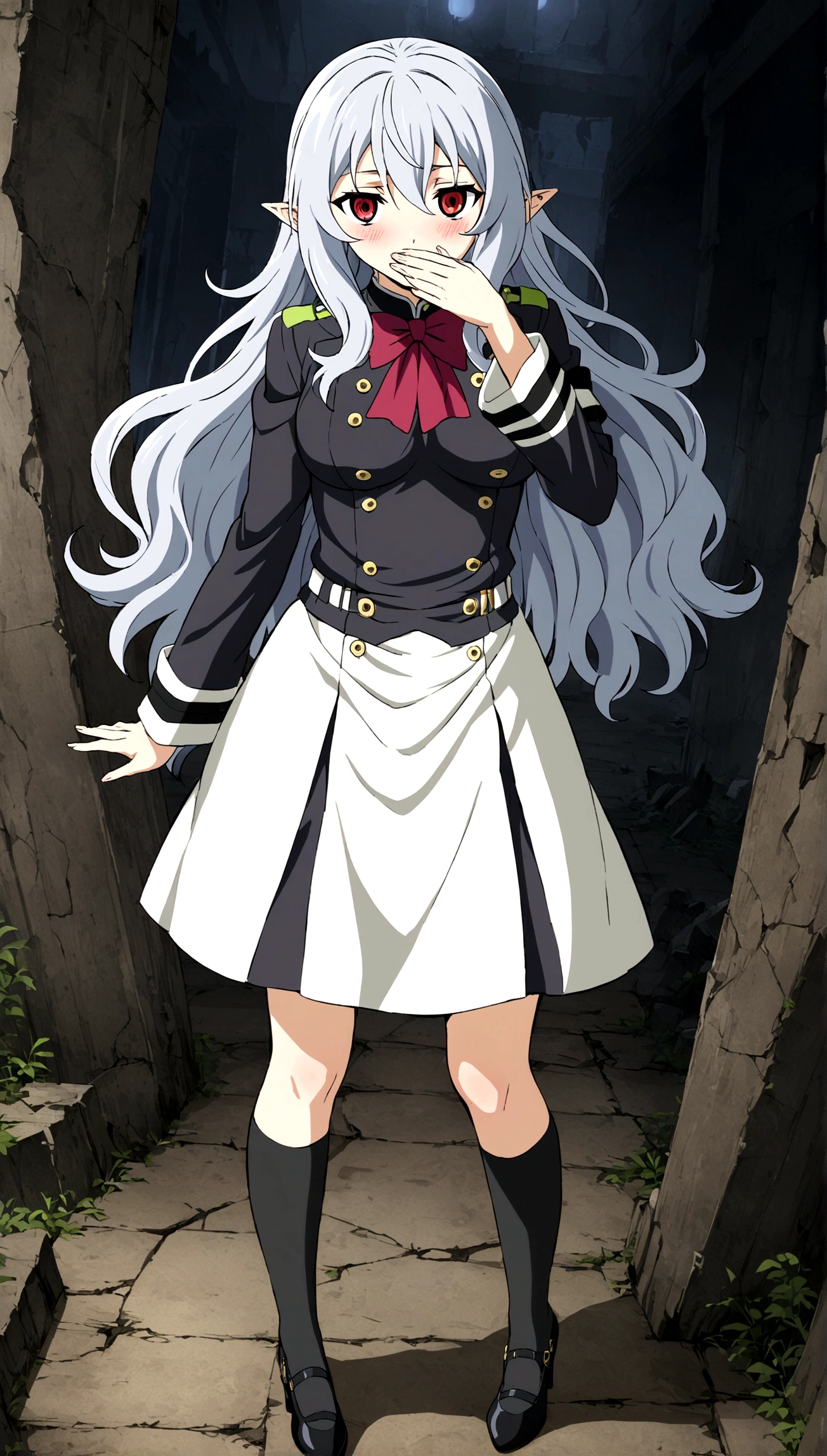 Anime. Owari no Seraph. 1 Girl. Expensive . A vampire. Clumsy. Progenitor. Silver hair. Wavy hair. Long hair. Red eyes. Beautiful eyes. Perfect eyes. Expressive eyes. Ideal face. Perfect body. Beautiful long ones. legs. Beautiful nose. 18 years. Big breasts. Standing. Full height. Beautiful character design. Shiny skin. Pointy ears. White dress. Vampire uniform dress from Owari no Seraph. Black stockings. She's drunk. She hiccups. She covers her mouth with her hand while hiccupping. "Hic..sorry..hic!!" she says hiccupping. Heeled shoes. Ruins of Tokyo. Whole body. NSF. Official art. Extremely detailed CG Unity 8k wallpaper. Ideal lighting. Ultra high resolution 4K. Super detailed 8K. A high resolution.