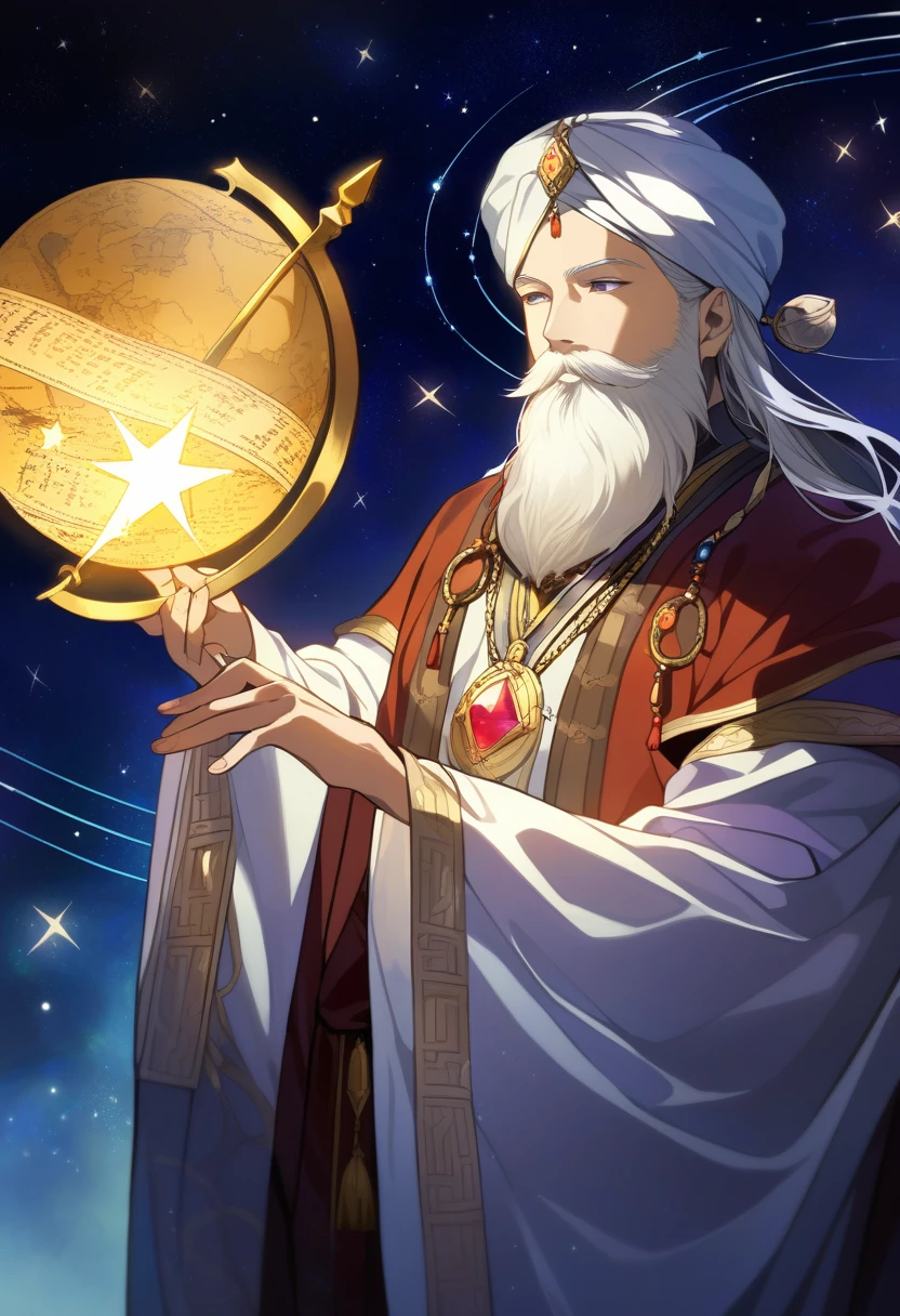 ((Masterpiece)), ((Best Quality)), (Very Detailed), ((Very Detailed)), 4K, (8K), very aesthetic, absurdres highres, Picture an astrologer in a fantasy story. He wears a long robe of deep blue and purple, patterned with gold and silver stars and moons. The hem of the robe is embroidered with ancient runes. He wears a turban on his head, and the turban has jewels embedded in it. She wears a mysterious pendant around her neck, and the pendant is inlaid with a shining star-shaped gemstone. He holds a crystal ball in his hand and sometimes carries a wand. The tip of the wand has a star-shaped decoration that emits magical light. His eyes hold wisdom and mystery, and he has long silver hair and a beard. A starry sky stretches out in the background, and magical light wafts around him. At his feet are scattered ancient books and scrolls, and a large celestial globe with diagrams of the constellations
