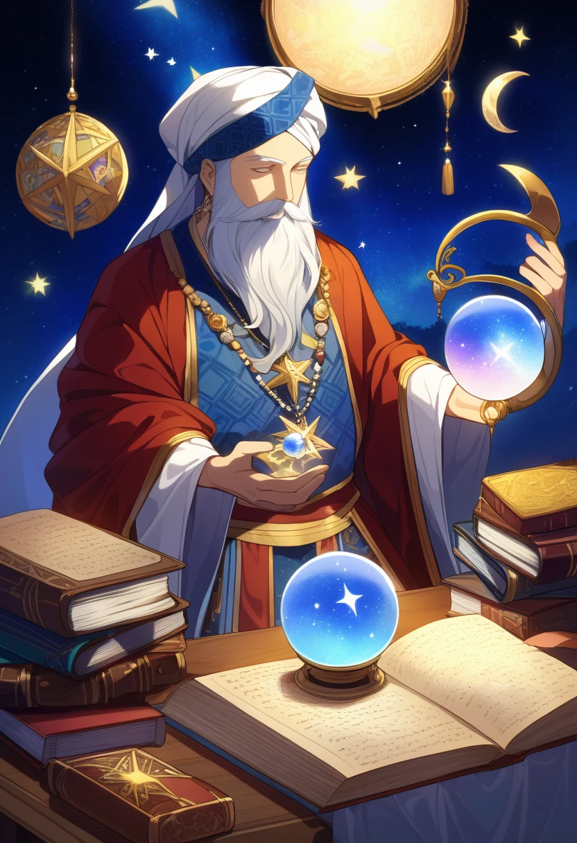 ((Masterpiece)), ((Best Quality)), (Very Detailed), ((Very Detailed)), 4K, (8K), very aesthetic, absurdres highres, Picture an astrologer in a fantasy story. He wears a long robe of deep blue and purple, patterned with gold and silver stars and moons. The hem of the robe is embroidered with ancient runes. He wears a turban on his head, and the turban has jewels embedded in it. She wears a mysterious pendant around her neck, and the pendant is inlaid with a shining star-shaped gemstone. He holds a crystal ball in his hand and sometimes carries a wand. The tip of the wand has a star-shaped decoration that emits magical light. His eyes hold wisdom and mystery, and he has long silver hair and a beard. A starry sky stretches out in the background, and magical light wafts around him. At his feet are scattered ancient books and scrolls, and a large celestial globe with diagrams of the constellations
