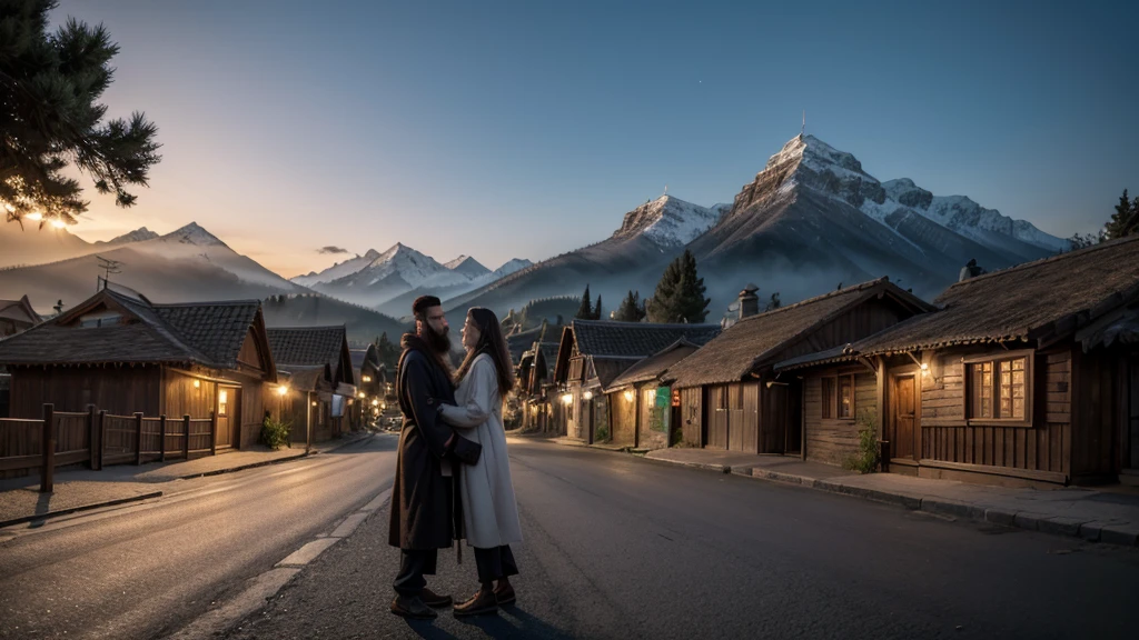 An importing village at dusk. Simple wooden houses with thatched roofs. Children playing in the street, people talking happily. In the center, a smiling man, Jó, hugging his family. Trees and mountains in the background complete a peaceful landscape. Rendering, photorealistic, Ultra HD | | |, 4K, built textures, built cores, realistic shadows, built shadows,, long robe, big beard, Jewish Beard, forest in the mountains, palm trees, Israel, Hebrew, developed cores, specific sharpness, Ultra HD | |, Realistic textures, detailed contrast, 8K,
