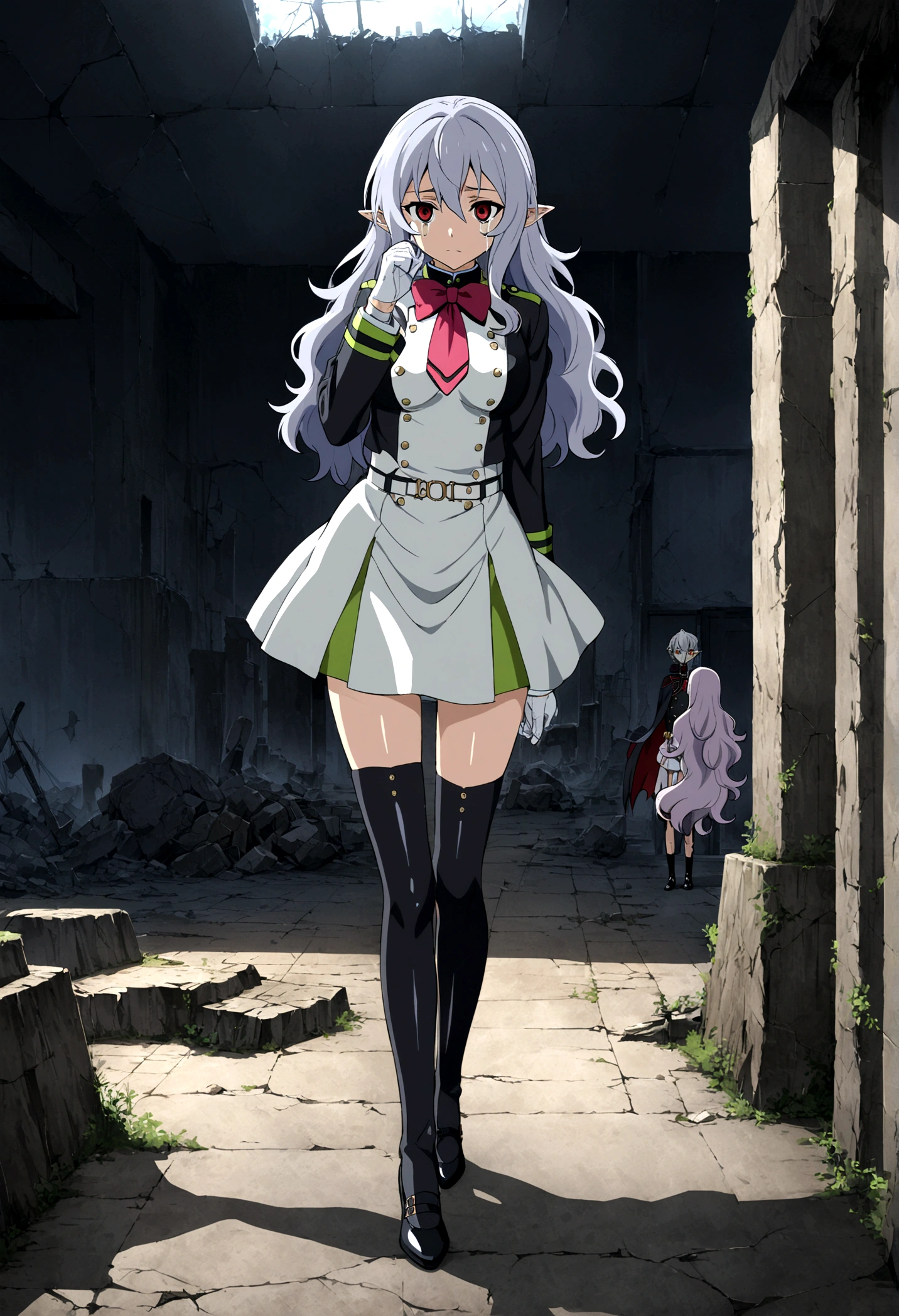 Anime. Owari no Seraph. 1 Girl. Expensive . A vampire. Clumsy. Progenitor. Silver hair. Wavy hair. Long hair. Red eyes. Beautiful eyes. Perfect eyes. Expressive eyes. Ideal face. Perfect body. Beautiful long ones. legs. Beautiful nose. 18 years. Big breasts. Standing. Full height. Beautiful character design. Shiny skin. Pointy ears. White dress. Vampire uniform dress from Owari no Seraph. Black stockings. She's crying. Deaths are in the eyes. Eyes swollen from tears. He wipes the tears from his eyes with his hands. Snot flows from the nose. Heeled shoes. Ruins of Tokyo. Whole body. NSF. Official art. Extremely detailed CG Unity 8k wallpaper. Ideal lighting. Ultra high resolution 4K. Super detailed 8K. A high resolution.