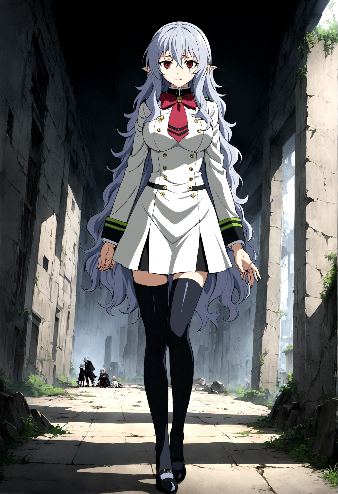Anime. Owari no Seraph. 1 Girl. Expensive . A vampire. Clumsy. Progenitor. Silver hair. Wavy hair. Long hair. Red eyes. Beautiful eyes. Perfect eyes. Expressive eyes. Ideal face. Perfect body. Beautiful long ones. legs. Beautiful nose. 18 years. Big breasts. Standing. Full height. Beautiful character design. Shiny skin. Pointy ears. White dress. Vampire uniform dress from Owari no Seraph. Black stockings. She's crying. Deaths are in the eyes. Eyes swollen from tears. He wipes the tears from his eyes with his hands. Snot flows from the nose. Heeled shoes. Ruins of Tokyo. Whole body. NSF. Official art. Extremely detailed CG Unity 8k wallpaper. Ideal lighting. Ultra high resolution 4K. Super detailed 8K. A high resolution.