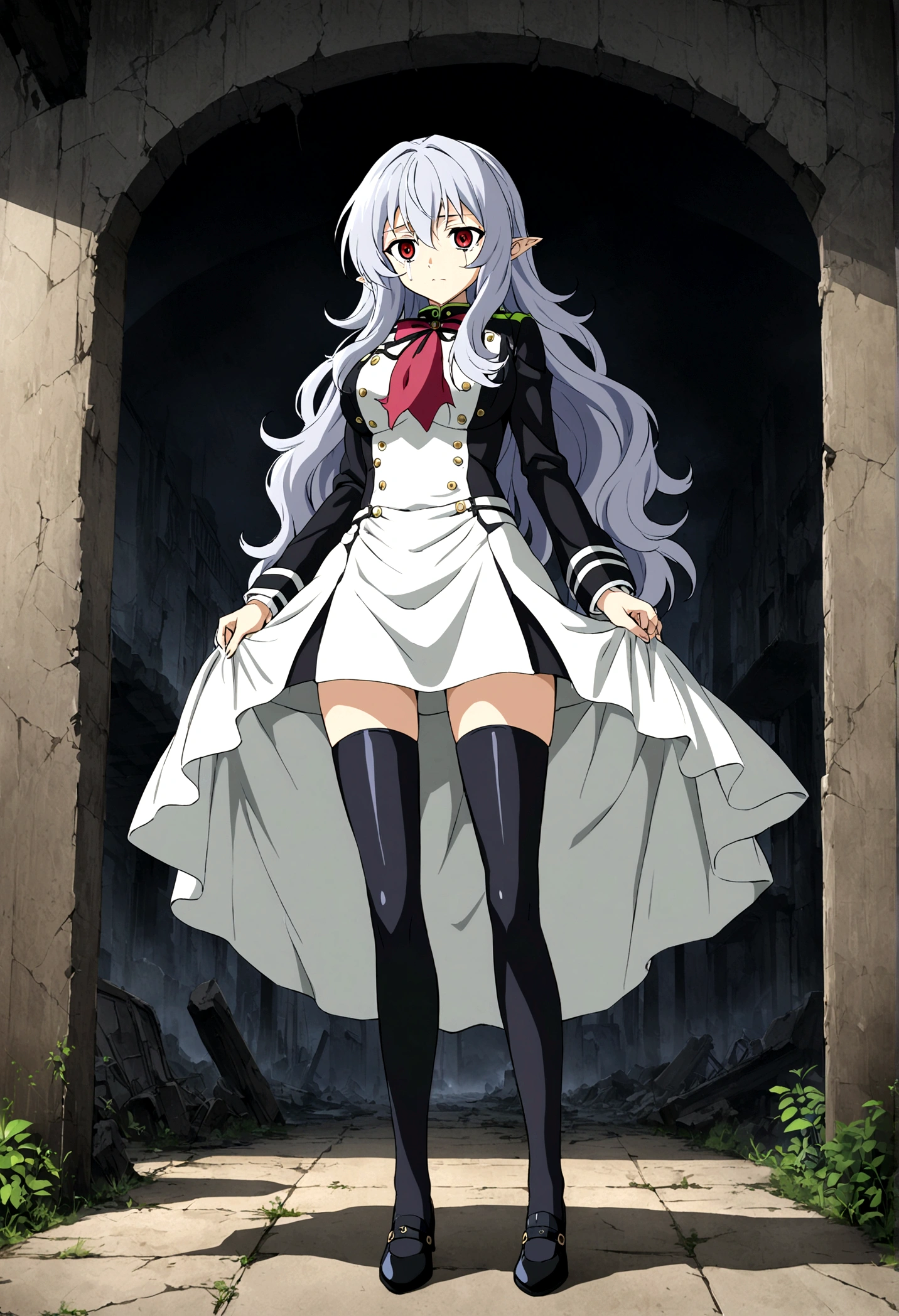 Anime. Owari no Seraph. 1 Girl. Expensive . A vampire. Clumsy. Progenitor. Silver hair. Wavy hair. Long hair. Red eyes. Beautiful eyes. Perfect eyes. Expressive eyes. Ideal face. Perfect body. Beautiful long ones. legs. Beautiful nose. 18 years. Big breasts. Standing. Full height. Beautiful character design. Shiny skin. Pointy ears. White dress. Vampire uniform dress from Owari no Seraph. Black stockings. She's crying. Deaths are in the eyes. Eyes swollen from tears. He wipes the tears from his eyes with his hands. Snot flows from the nose. Heeled shoes. Ruins of Tokyo. Whole body. NSF. Official art. Extremely detailed CG Unity 8k wallpaper. Ideal lighting. Ultra high resolution 4K. Super detailed 8K. A high resolution.