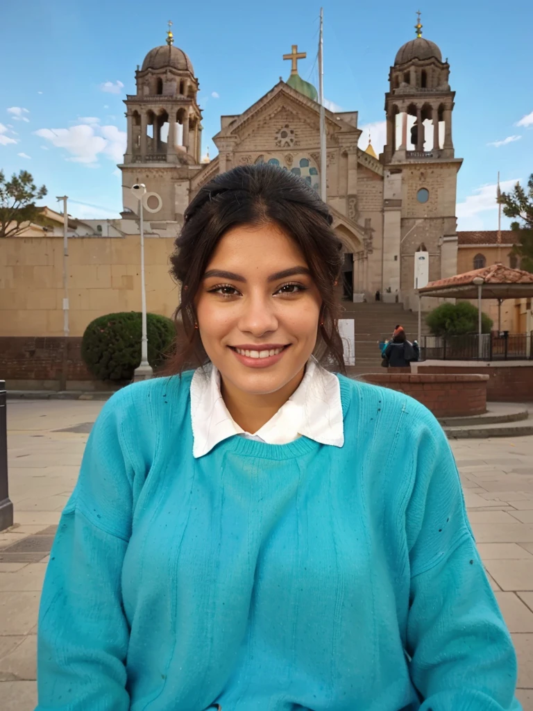 smiling woman in turquoise sweater sitting in front of a church, pillar, monserrat gudiol, old cathedral behind her, Magda Torres Gurza, pillar gogar, ivan bolivian, Julia Fuentes, lorena avarez, valentine shuffle, plaza, church of marilyn h, Estefania Villegas Burgos, realistic photo