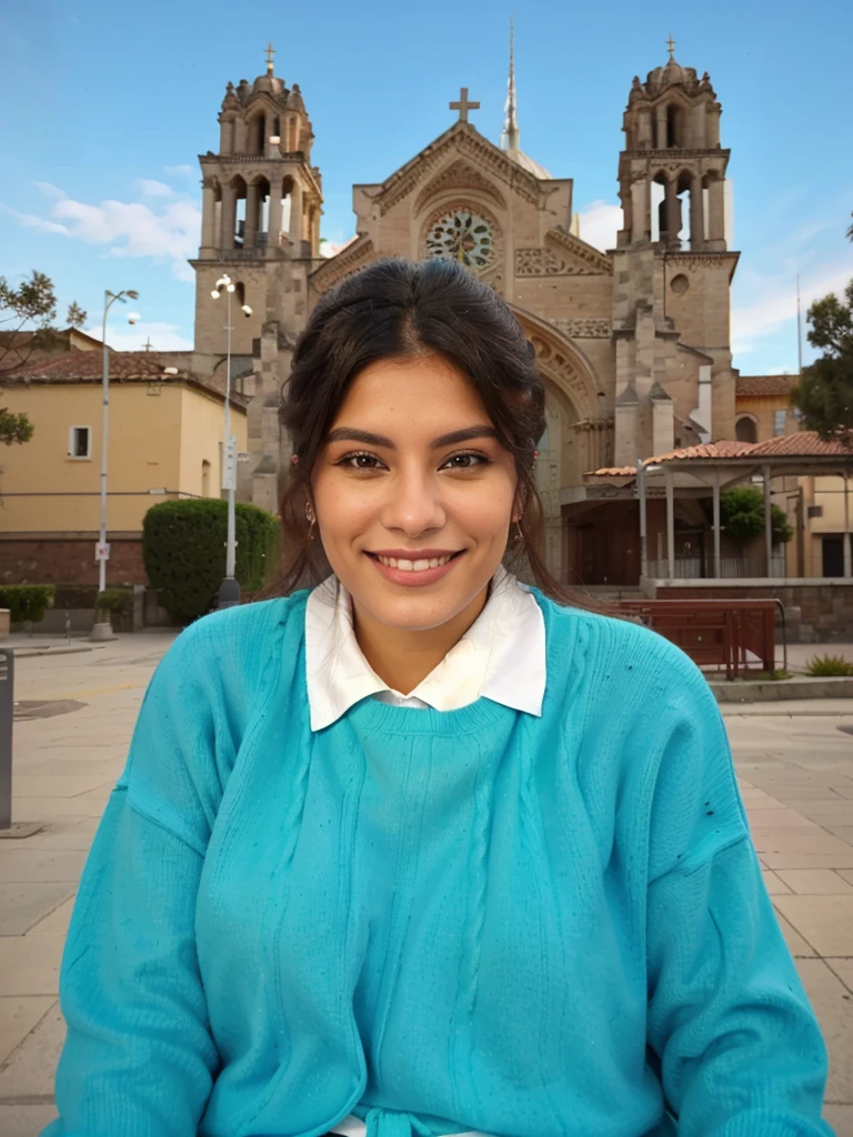 smiling woman in turquoise sweater sitting in front of a church, pillar, monserrat gudiol, old cathedral behind her, Magda Torres Gurza, pillar gogar, ivan bolivian, Julia Fuentes, lorena avarez, valentine shuffle, plaza, church of marilyn h, Estefania Villegas Burgos, realistic photo