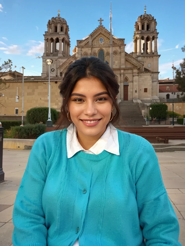 smiling woman in turquoise sweater sitting in front of a church, pillar, monserrat gudiol, old cathedral behind her, Magda Torres Gurza, pillar gogar, ivan bolivian, Julia Fuentes, lorena avarez, valentine shuffle, plaza, church of marilyn h, Estefania Villegas Burgos, realistic photo