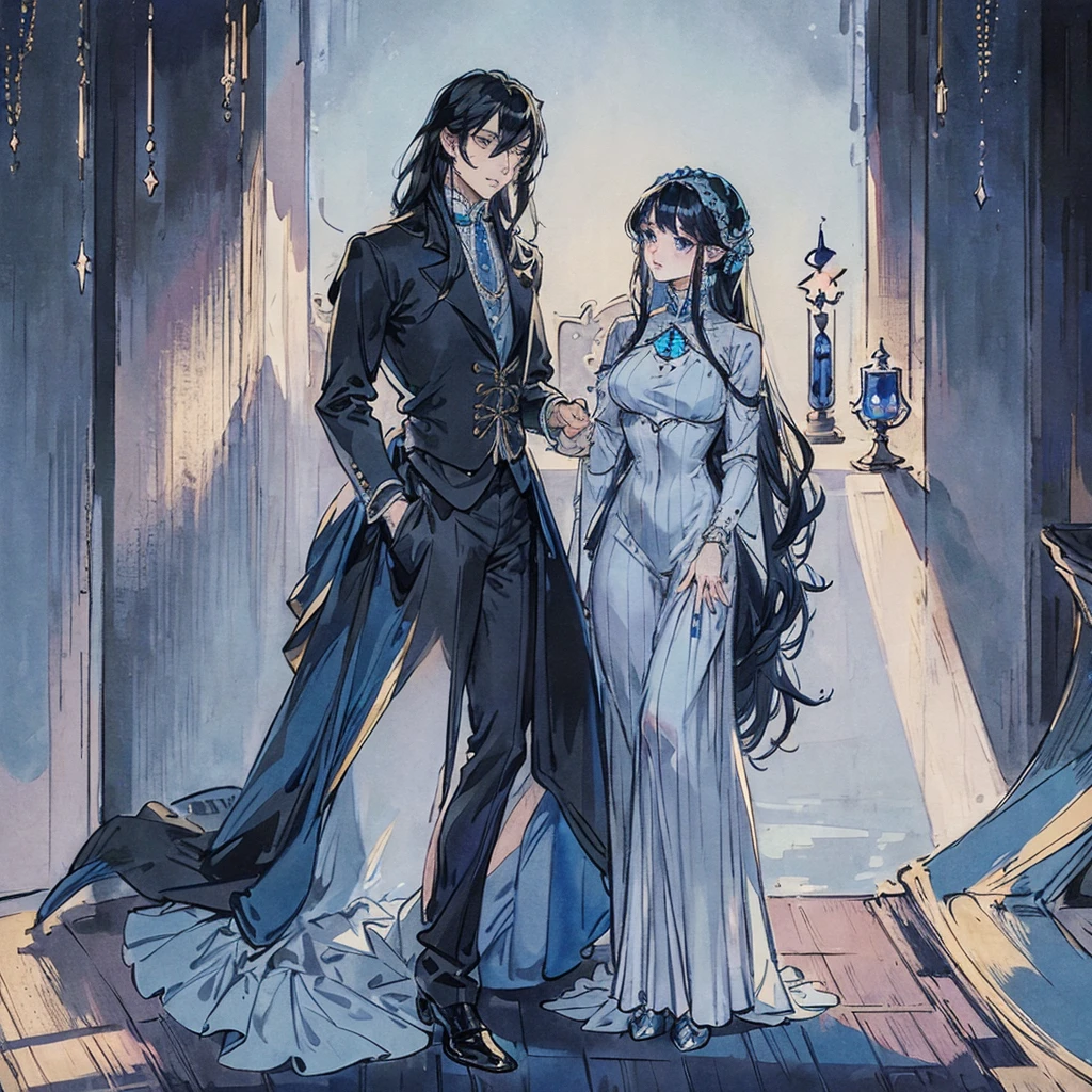 Tall boy, British nobleman in Victorian dress, light blue eyes, semi-short hair, straight strong blue dancing with a shorter girl,  with long wavy black hair, luxurious victorian dress, blue eyes and sapphire jewelry adorning her inside a luxury ballroom all alone.