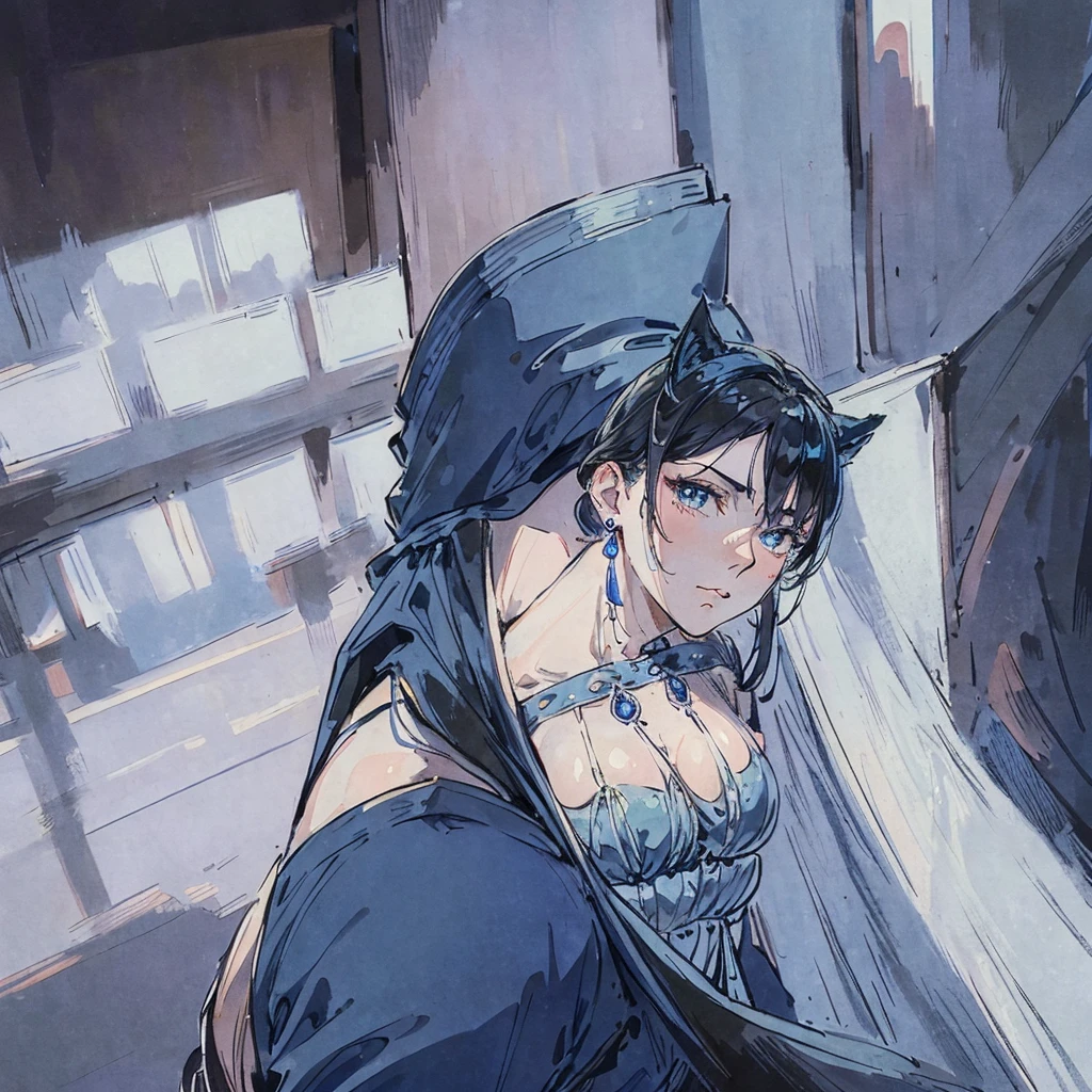 Tall boy, British nobleman in Victorian dress, light blue eyes, semi-short hair, straight strong blue dancing with a shorter girl,  with long wavy black hair, luxurious victorian dress, blue eyes and sapphire jewelry adorning her inside a luxury ballroom all alone.