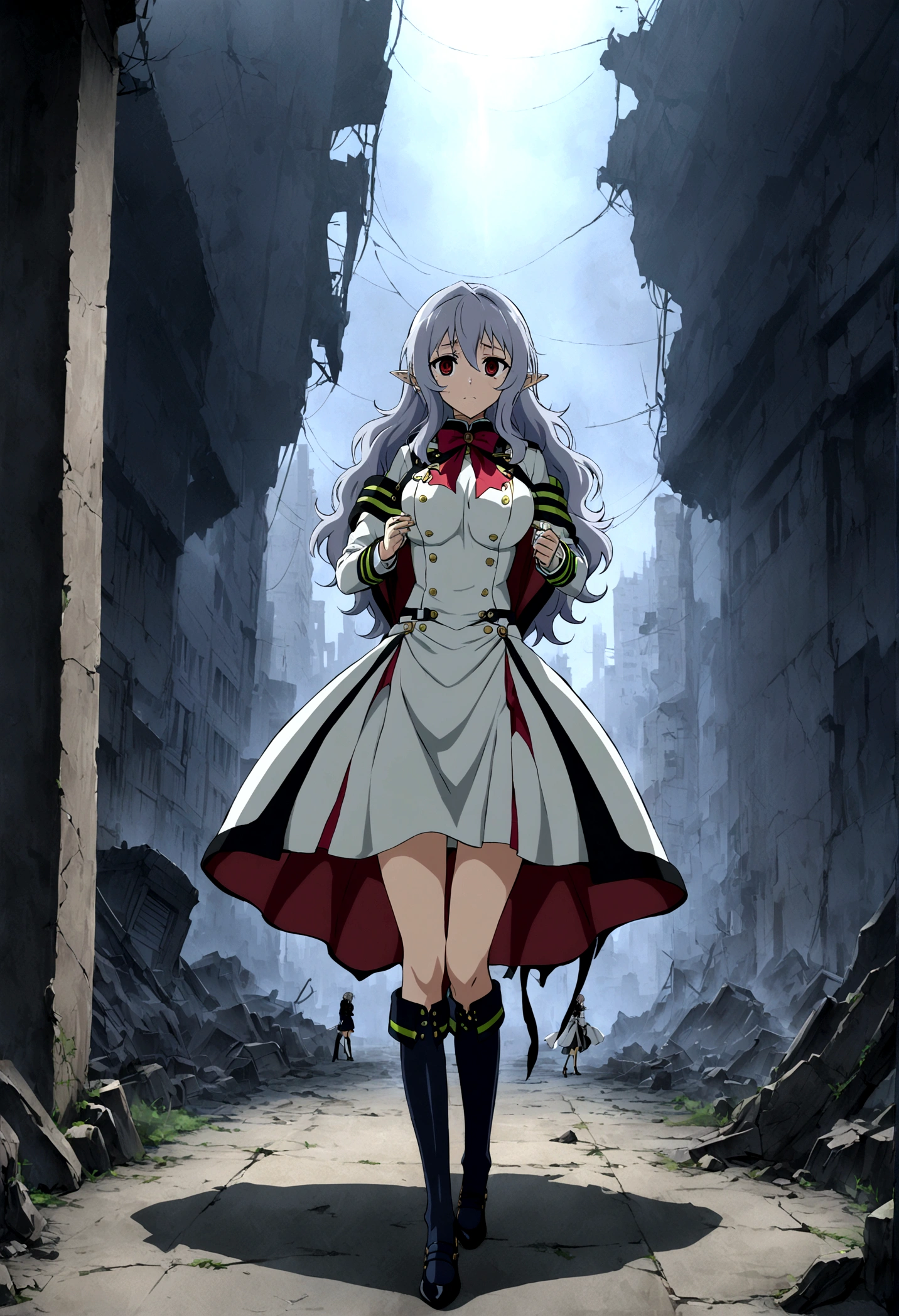 Anime. Owari no Seraph. 1 Girl. Expensive . A vampire. Clumsy. Progenitor. Silver hair. Wavy hair. Long hair. Red eyes. Beautiful eyes. Perfect eyes. Expressive eyes. Ideal face. Perfect body. Beautiful long ones. legs. Beautiful nose. 18 years. Big breasts. Standing. Full height. Beautiful character design. Shiny skin. Pointy ears. White dress. Vampire uniform dress from Owari no Seraph. Black stockings. She's crying. There are tears in my eyes. Eyes swollen from tears. He wipes the tears from his eyes with his hands. Snot flows from the nose. Heeled shoes. Ruins of Tokyo. Whole body. NSF. Official art. Extremely detailed CG Unity 8k wallpaper. Ideal lighting. Ultra high resolution 4K. Super detailed 8K. A high resolution.