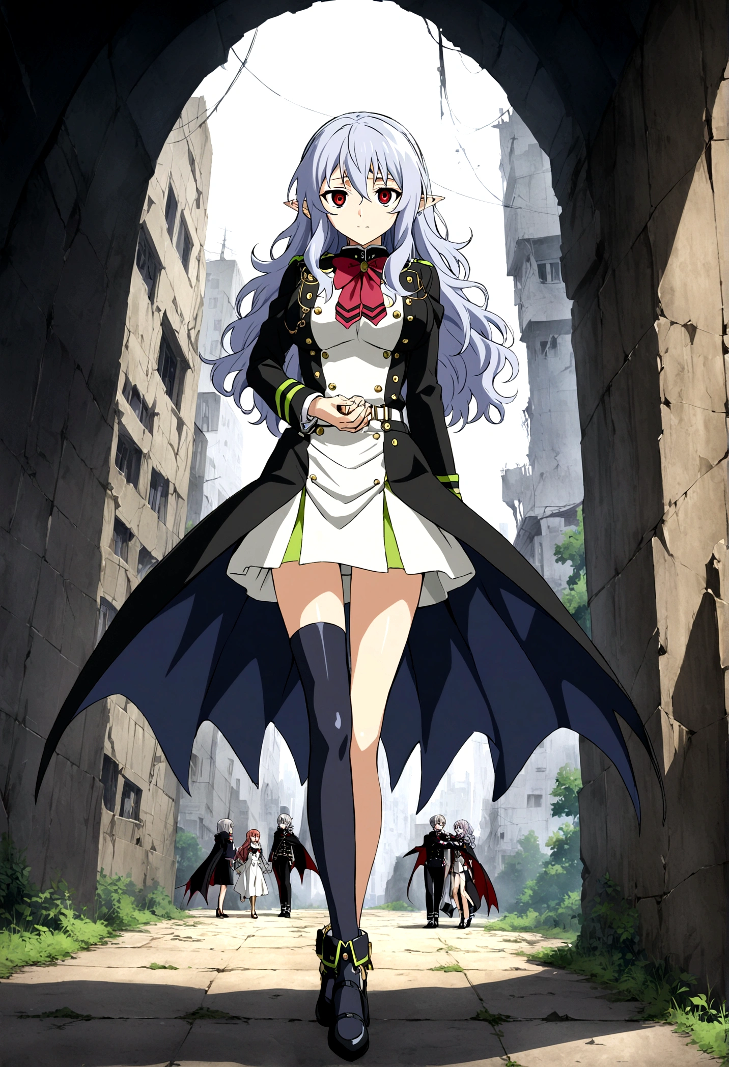 Anime. Owari no Seraph. 1 Girl. Expensive . A vampire. Clumsy. Progenitor. Silver hair. Wavy hair. Long hair. Red eyes. Beautiful eyes. Perfect eyes. Expressive eyes. Ideal face. Perfect body. Beautiful long ones. legs. Beautiful nose. 18 years. Big breasts. Standing. Full height. Beautiful character design. Shiny skin. Pointy ears. White dress. Vampire uniform dress from Owari no Seraph. Black stockings. She's crying. There are tears in my eyes. Eyes swollen from tears. He wipes the tears from his eyes with his hands. Snot flows from the nose. Heeled shoes. Ruins of Tokyo. Whole body. NSF. Official art. Extremely detailed CG Unity 8k wallpaper. Ideal lighting. Ultra high resolution 4K. Super detailed 8K. A high resolution.