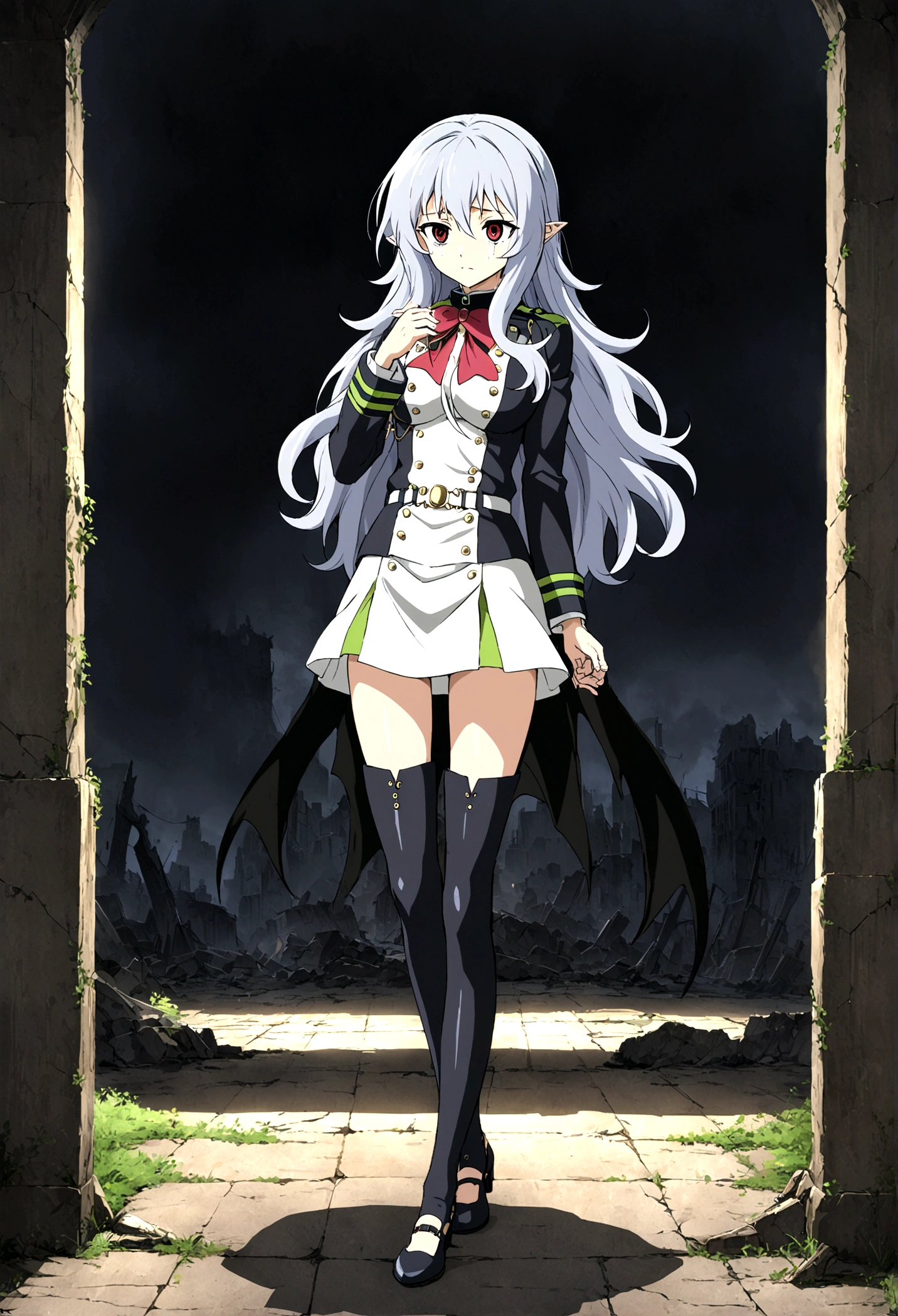 Anime. Owari no Seraph. 1 Girl. Expensive . A vampire. Clumsy. Progenitor. Silver hair. Wavy hair. Long hair. Red eyes. Beautiful eyes. Perfect eyes. Expressive eyes. Ideal face. Perfect body. Beautiful long ones. legs. Beautiful nose. 18 years. Big breasts. Standing. Full height. Beautiful character design. Shiny skin. Pointy ears. White dress. Vampire uniform dress from Owari no Seraph. Black stockings. She's crying. There are tears in my eyes. Eyes swollen from tears. He wipes the tears from his eyes with his hands. Snot flows from the nose. Heeled shoes. Ruins of Tokyo. Whole body. NSF. Official art. Extremely detailed CG Unity 8k wallpaper. Ideal lighting. Ultra high resolution 4K. Super detailed 8K. A high resolution.