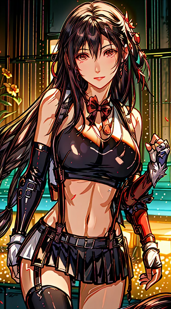 (8ｋ、highest quality、MASTERPIECE:1.2)、(photorealistic:1.3)、Super Detailed、girl 1 person、mature、solo、(Tifa Lockheart)、(big chest)、(((huge lift clothes to show bra)))、(((black bra)))、(beautiful eyes)、(smiling:1.2)、(Closed)、erotic pose、dance、neons、street scenery、Depth Of Field、Dark and strong shadows、Sharp focus、auto、motion blur、bike、Depth Of Field、composition、Glowing green light、Final Fantasy VII, (nose blush）、Single Elbow Pad、Ankle Boots、dark black hair、toned thighs、red boots、Elbow Gloves、Elbow pads、Fingerless Gloves、Taut Shirt、sports bra、（suspenders), (Black Skirt)、thights、white tank top、All over body、head rest、Lips、Facial、Low Tai Long Hair、(red_Ojo)、Yellow flowers、(night:1.3)、Complex、Bokeh、Cinematic Lighting、Photon mapping、Radiosity、physically based rendering、(Tetsuya Nomura Style)、NSFW、Perfect Breasts