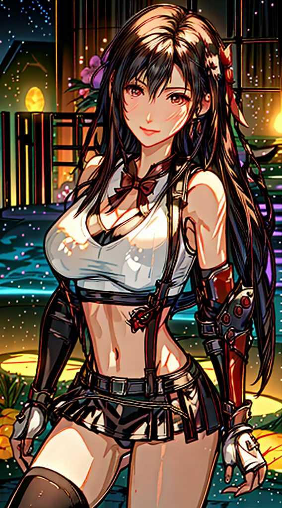 (8ｋ、highest quality、MASTERPIECE:1.2)、(photorealistic:1.3)、Super Detailed、girl 1 person、mature、solo、(Tifa Lockheart)、(big chest)、(((huge lift clothes to show bra)))、(((black bra)))、(beautiful eyes)、(smiling:1.2)、(Closed)、erotic pose、dance、neons、street scenery、Depth Of Field、Dark and strong shadows、Sharp focus、auto、motion blur、bike、Depth Of Field、composition、Glowing green light、Final Fantasy VII, (nose blush）、Single Elbow Pad、Ankle Boots、dark black hair、toned thighs、red boots、Elbow Gloves、Elbow pads、Fingerless Gloves、Taut Shirt、sports bra、（suspenders), (Black Skirt)、thights、white tank top、All over body、head rest、Lips、Facial、Low Tai Long Hair、(red_Ojo)、Yellow flowers、(night:1.3)、Complex、Bokeh、Cinematic Lighting、Photon mapping、Radiosity、physically based rendering、(Tetsuya Nomura Style)、NSFW、Perfect Breasts