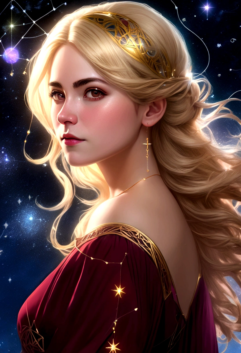 a portrait of ((libra constellation: 1.5)) observed by astrologer looking to the sky at  in the night sky, an extraordinary beautiful woman, there is magic in her eyes divining the future from the Libra constellation, blond hair, dynamic hair style, wearing an intricate dark red dress decorated with glowing stars, she looks to the night sky seeing the ((Libra constellation in the sky: 1.5)), vibrant, Ultra-high resolution, High Contrast, (masterpiece:1.5), highest quality, Best aesthetics), best details, best quality, highres, 16k, [ultra detailed], masterpiece, best quality, (extremely detailed),