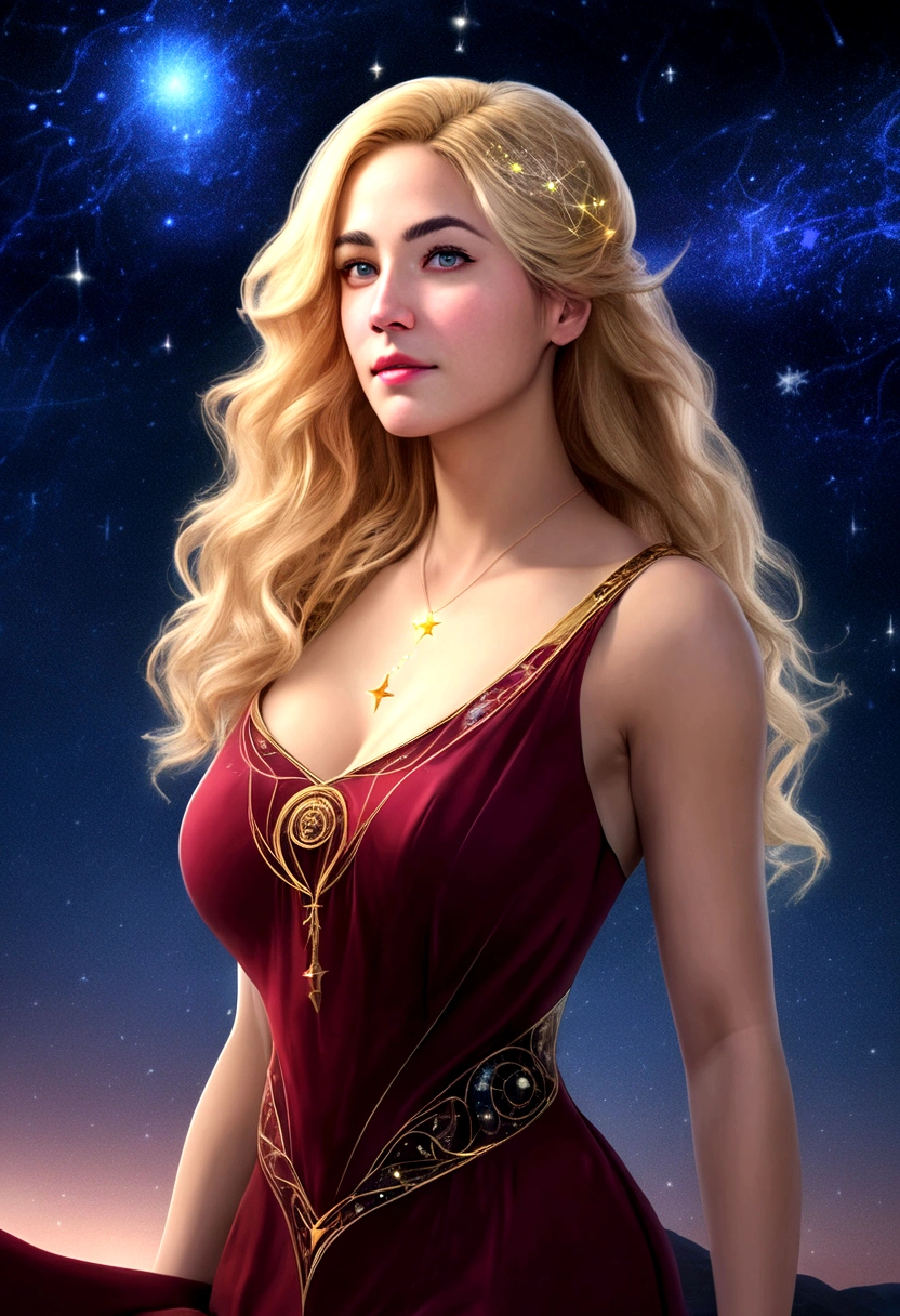 a portrait of ((libra constellation: 1.5)) observed by astrologer looking to the sky at  in the night sky, an extraordinary beautiful woman, there is magic in her eyes divining the future from the Libra constellation, blond hair, dynamic hair style, wearing an intricate dark red dress decorated with glowing stars, she looks to the night sky seeing the ((Libra constellation in the sky: 1.5)), vibrant, Ultra-high resolution, High Contrast, (masterpiece:1.5), highest quality, Best aesthetics), best details, best quality, highres, 16k, [ultra detailed], masterpiece, best quality, (extremely detailed),