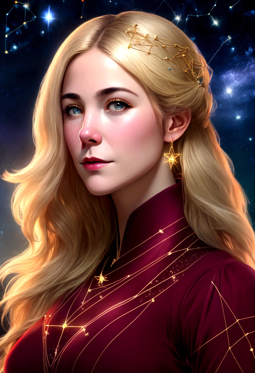 a portrait of ((libra constellation: 1.5)) observed by astrologer looking to the sky at  in the night sky, an extraordinary beautiful woman, there is magic in her eyes divining the future from the Libra constellation, blond hair, dynamic hair style, wearing an intricate dark red dress decorated with glowing stars, she looks to the night sky seeing the ((Libra constellation in the sky: 1.5)), vibrant, Ultra-high resolution, High Contrast, (masterpiece:1.5), highest quality, Best aesthetics), best details, best quality, highres, 16k, [ultra detailed], masterpiece, best quality, (extremely detailed),