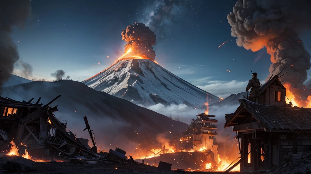 battlefield,blast,Building wreckage,war,fire,shoot,soldier,shootกัน,high mountain,sword,blastใหญ่,tall building,volcano